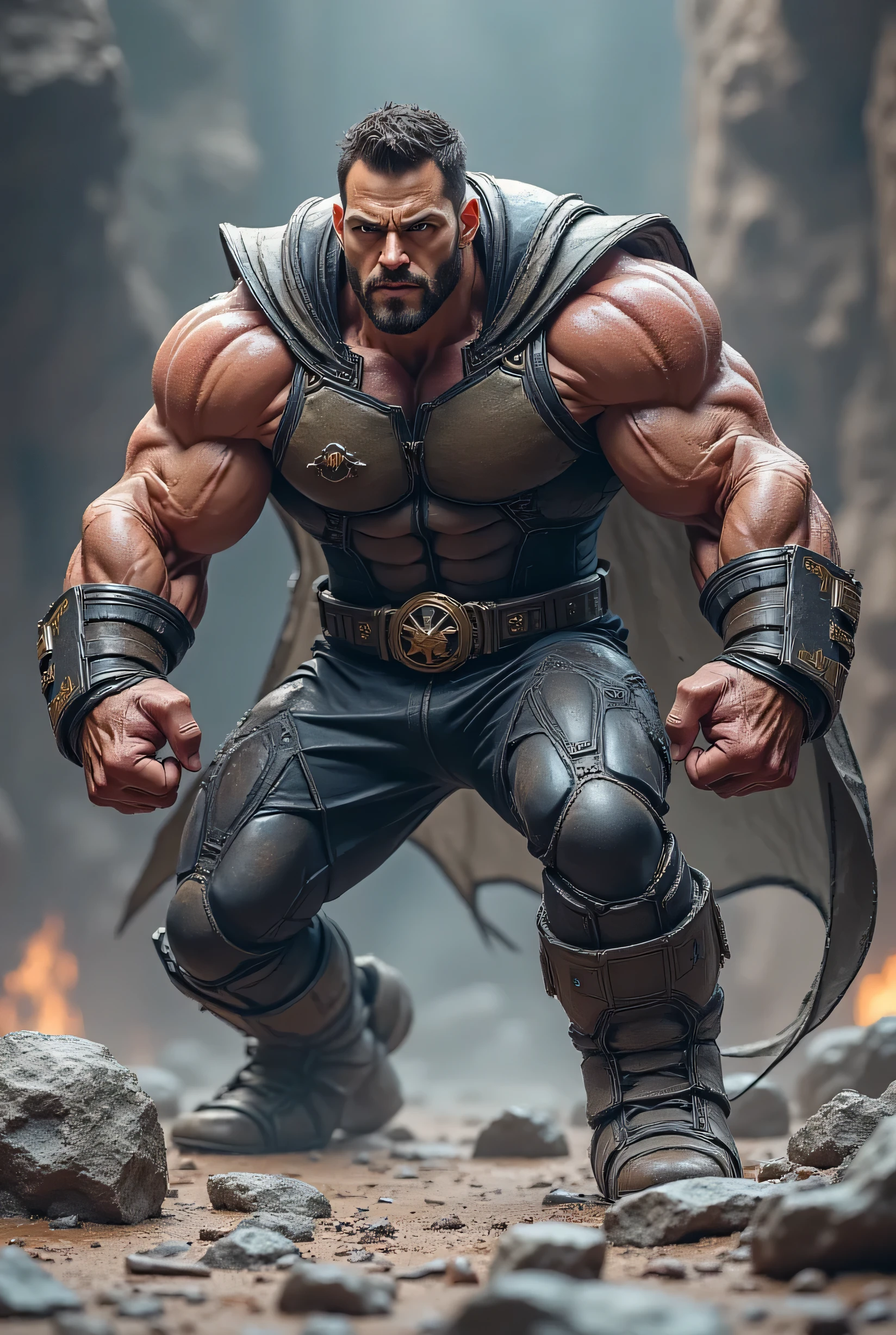 Superhero, ground, atacking position, big muscles