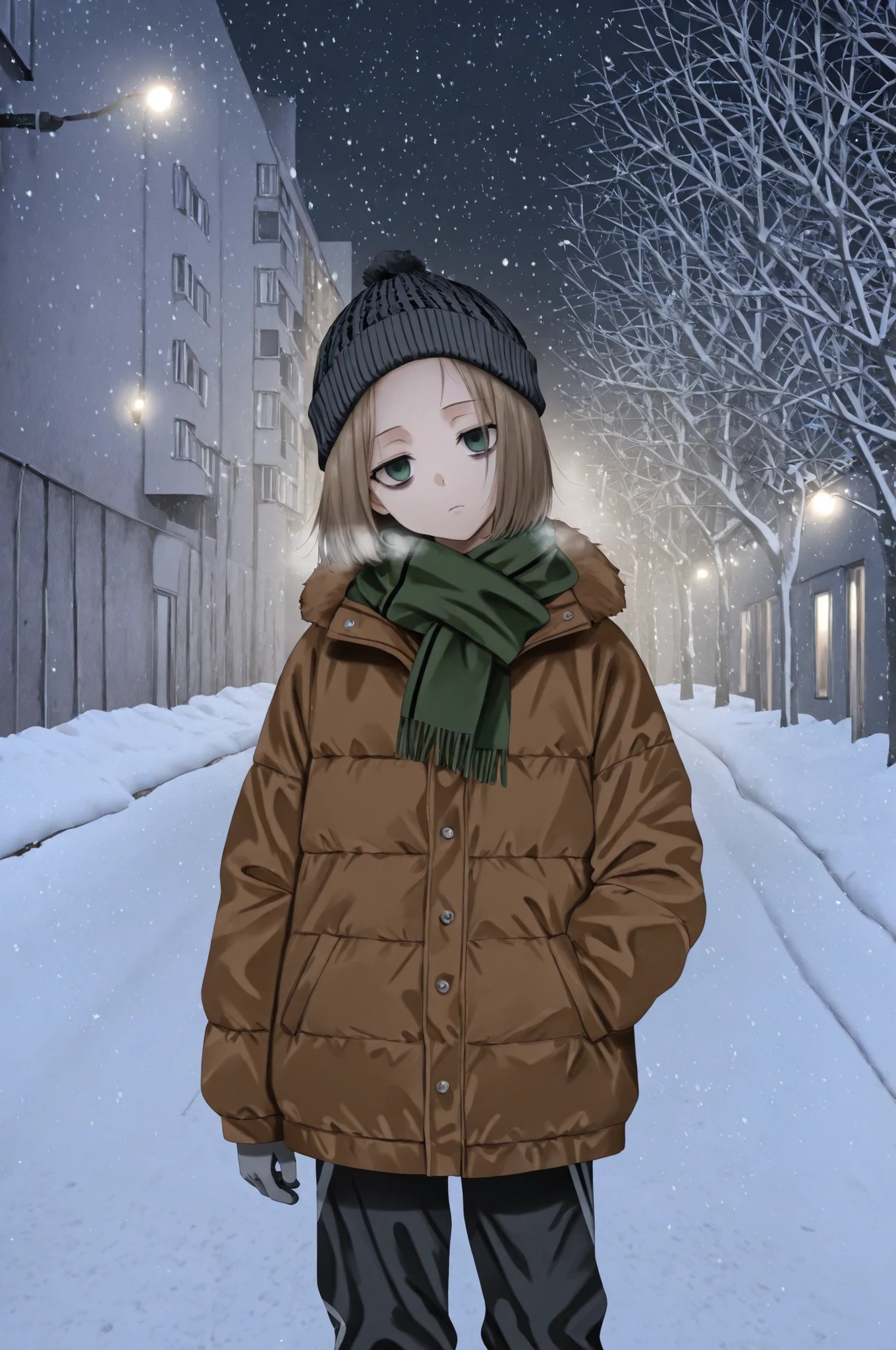 1girl, (snowfall), near viewer, portrait, close-up, empty expression, bored, calm, emotionless, empty eyes, green eyes, bags under eyes, pale-brown hair, short hair, straight hair, forehead, spiky hair, oily hair, standing, head tilt, looking at viewer, brown jacket, oversized jacket, Telogreika, dark-green scarf, buttoned, grey gloves, black stripes pattern on gloves, one hand in pocket, depressing atmosphere, black hat, knitted hat, covered ears, hat covers ears, black pants, warm pants, winter, USSR Vibes, Russian Apartments at background, buildings, road, snow, melanchonic, SnowFall, outdoors, night, dark, black sky, street lights, Blizzard, best quality,