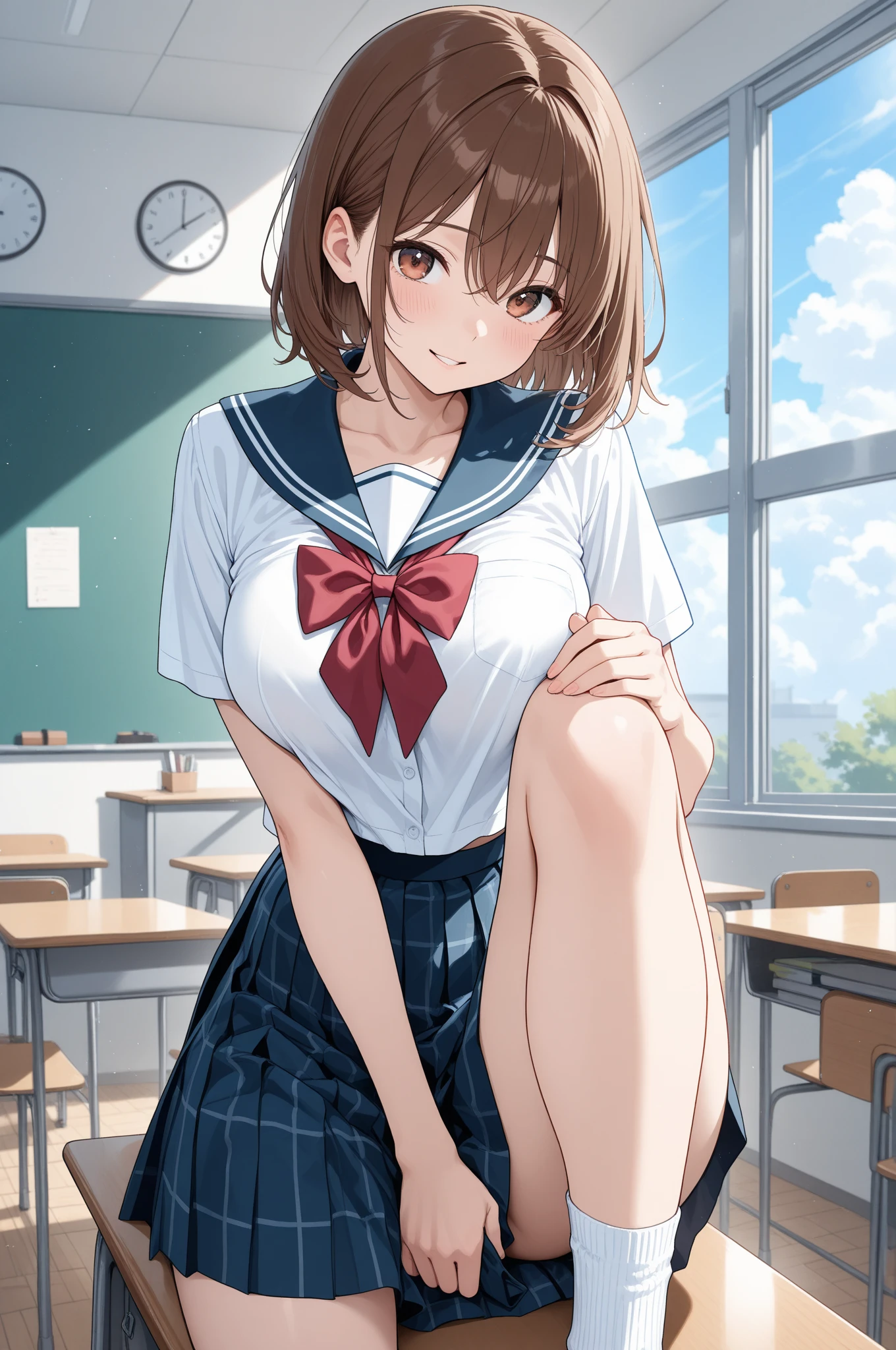 ((8K masterpiece,highest quality)), ultra high resolution, hyper detail, (1 girl), beautiful face, beautiful and delicate eyes,((red eyes)),Big eyes,shining eyes of light,Thin and long eyelashes,detailed light,((brown hair)),((long hair)), ((twin tails)),big breasts,school uniform,hair clip,hair ribbon,blitz short skirt,white knee high socks,light pink panties,  Pose,  shot, (grinning smile),troubled face,(please open your mouth wide),(classroom),stand in the center of the screen,blue sky with clouds, Nice views, rainbow in the sky, particles of light, daytime, sunbeam,gust of wind,sense of speed, cowboy shot