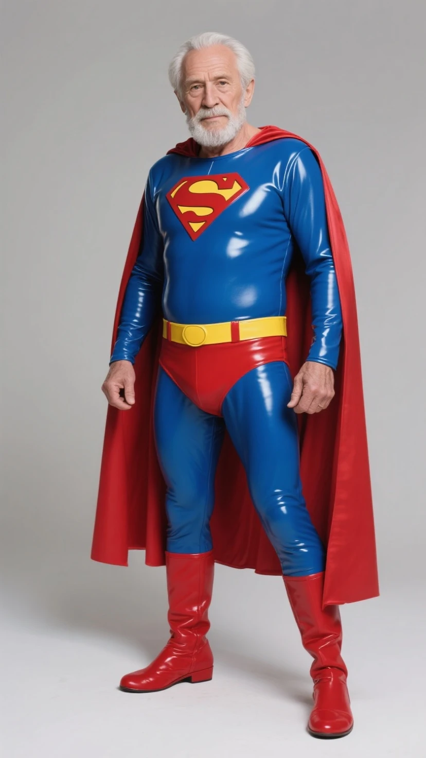 best quality, ultra high res, photo,realistic, detailed background,mature white male,(superman blue cotton union suit:1.1),(red :1.5),blue skin tights pants,,black hair,age 30,perfect face, super handsome face, perfect face, clean face,black hair,(expression of pain:1.7),(torn clothes:1.4),( dripping out of:1.1),body hair,red superman leather boots,yellow belt,pot belly,bulge,eye close,standing,red cloak,pectorals grab
