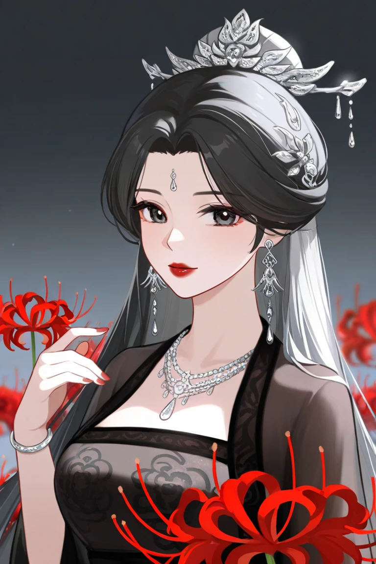 best quality, incredibly absurdres, extremely detailed, 2.5D, delicate and dynamic, beautiful woman, white hair tied up, gorgeous and glamorous black evening dress, red lines, shiny satin fabric, lace, embroidery, robes, shawls, accessories, captivating look, superlative body proportion, gorgeous and gorgeous effects, background aristocratic social setting