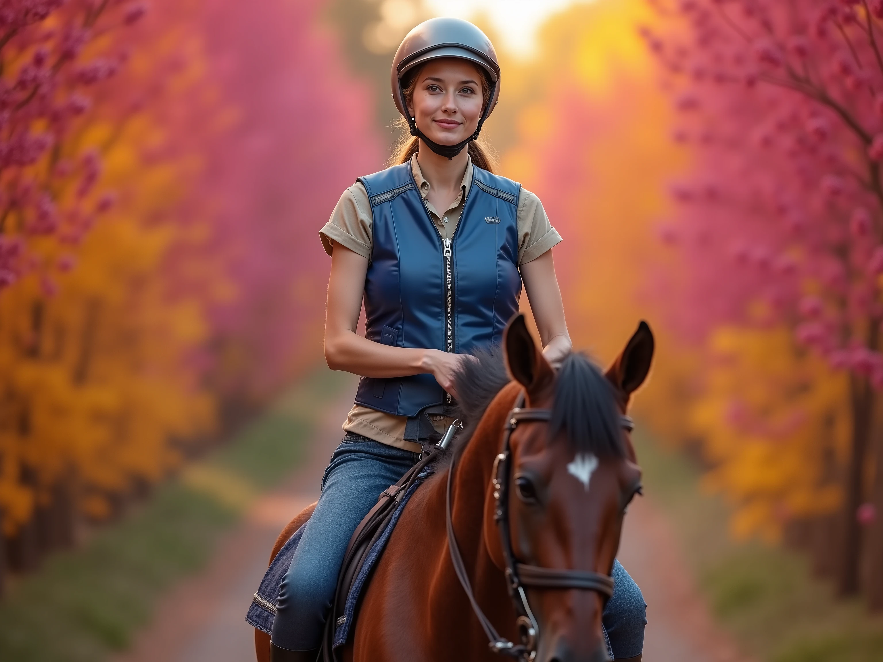 a widescreen image, a woman is atop a horse, seated with her hands around the horses reins, the leather straps pull the horse into a running position, she wears a blue leather horse riding vest, the vest is heavy duty and designed for fall protection, the woman and horse are on a walking path in a botanical forest with bright hues of pink and purple with shades of orange yellow and red in the leaves, the image is taken in the season of fall with sunset visible, HDR