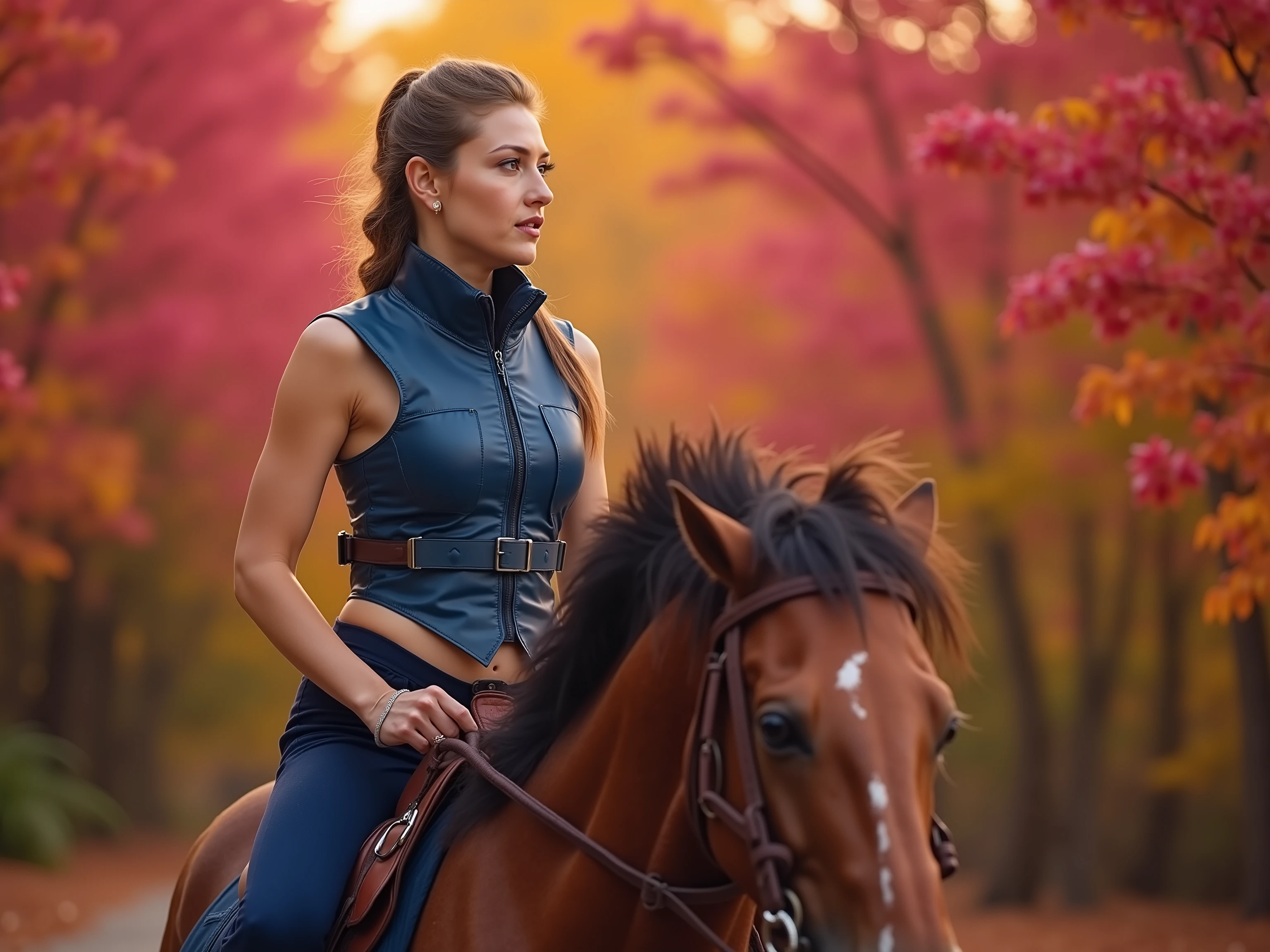 a widescreen image, a woman is atop a horse, seated with her hands around the horses reins, the leather straps pull the horse into a running position, she wears a blue leather horse riding vest, the vest is heavy duty and designed for fall protection, the woman and horse are on a walking path in a botanical forest with bright hues of pink and purple with shades of orange yellow and red in the leaves, the image is taken in the season of fall with sunset visible, HDR