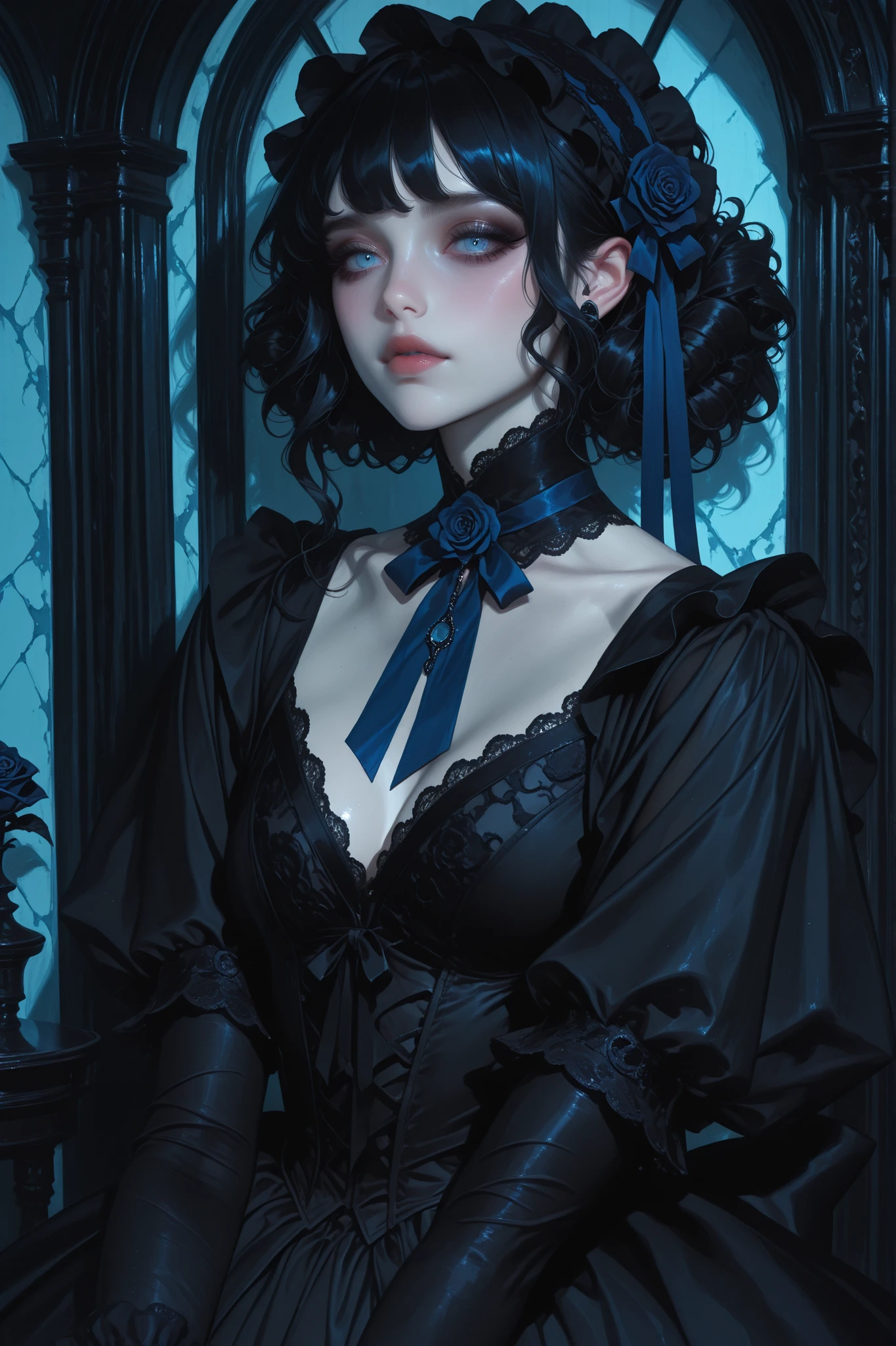 Adorable gothic Victorian vampire girl wearing a refined blue and black Victorian-inspired gown with puffed sleeves and delicate lace trim, detailed rose headband with blue ribbon. Long Raven black curled hair, pale blue eyes, elegant and dainty, highly detailed