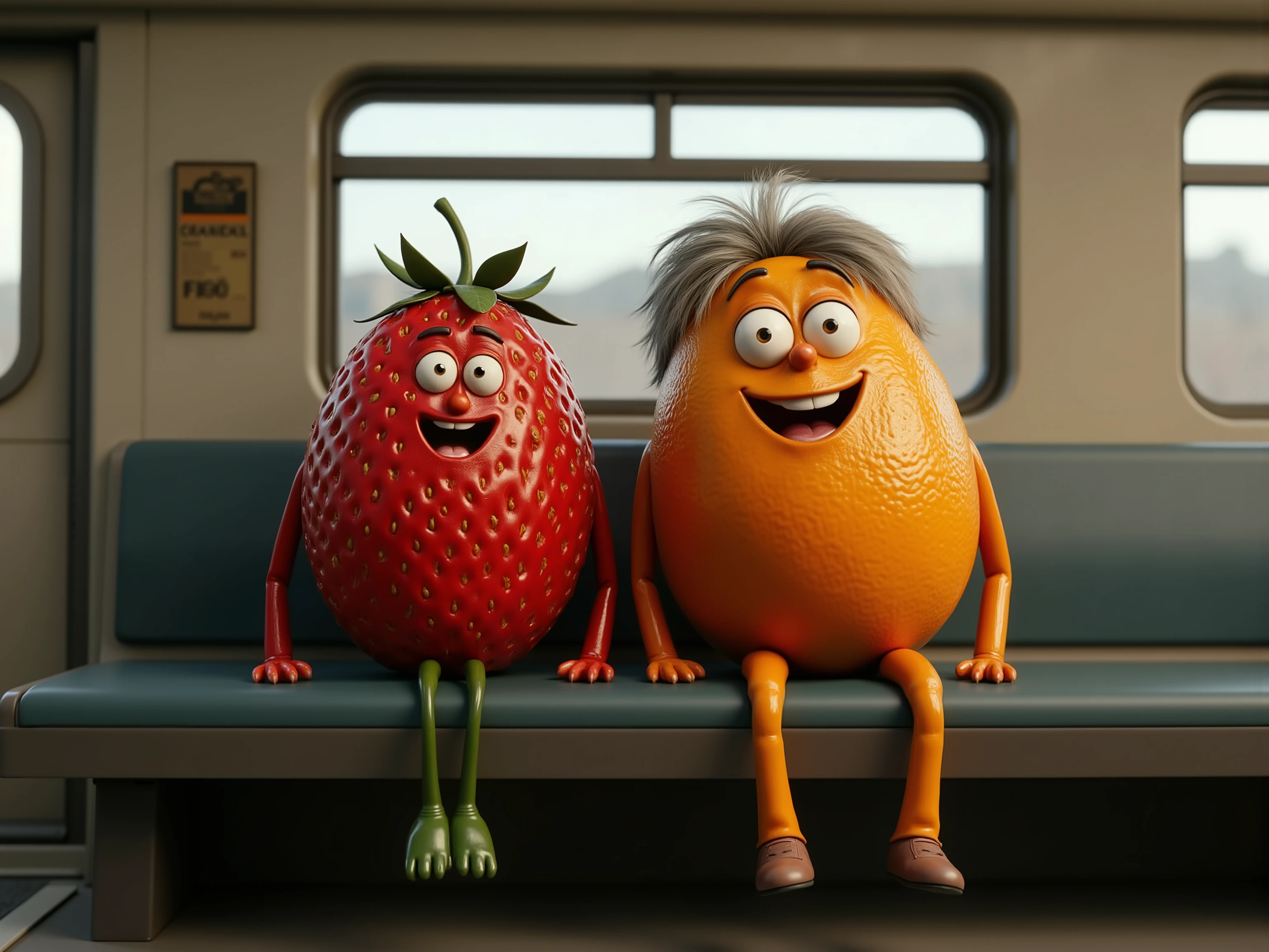 3D rendering, a widescreen film animation image, an anthropomorphic strawberry and orange sit on the seat of a commuter train, 1990s rail car, bench seating, gray hair on the orange