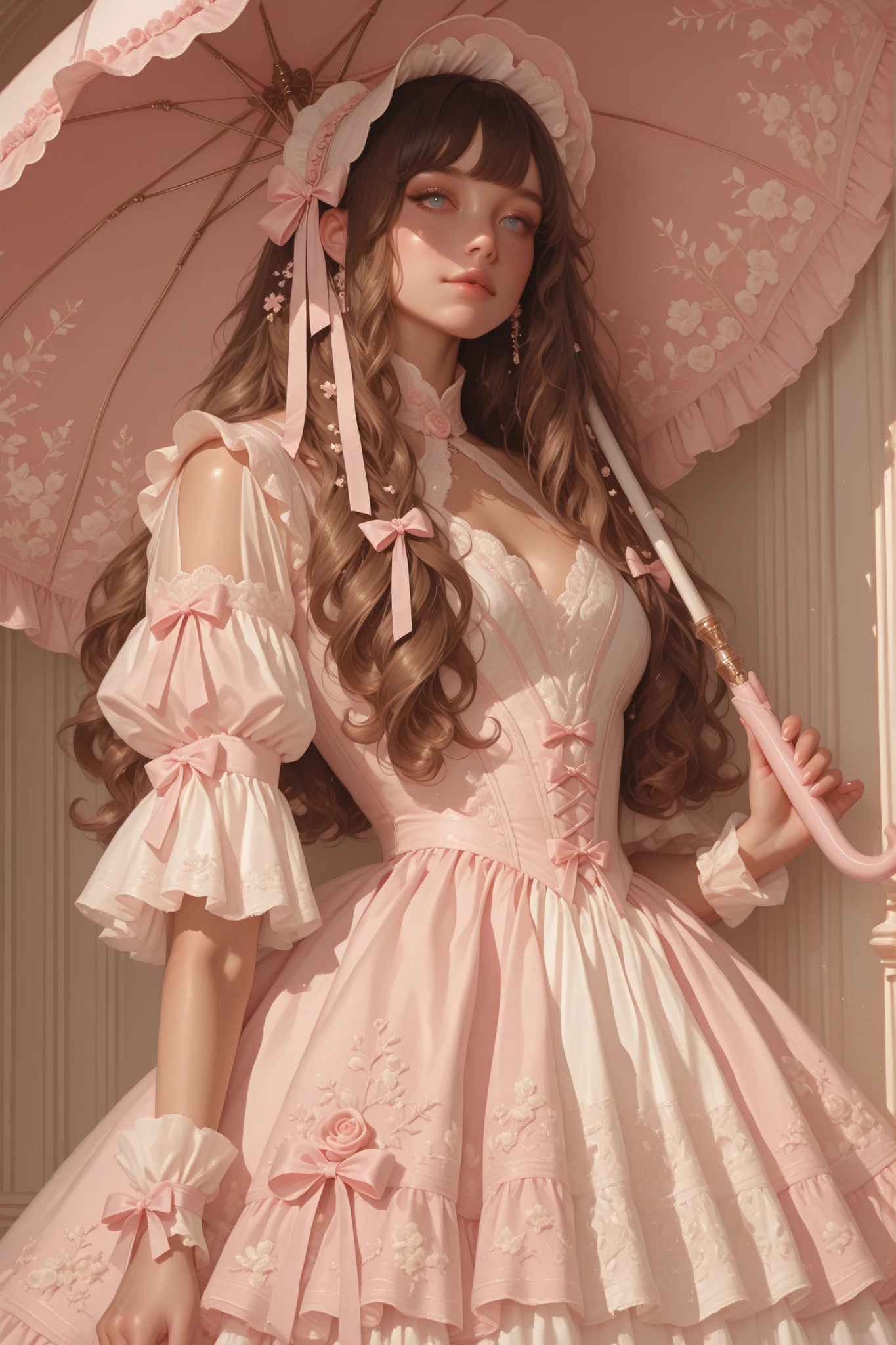 A cute, adorable girl with soft features and fair skin, brown hair, blue eyes, wearing an elegant pastel pink and white rococo-inspired lolita dress with puffed sleeves, ornate bows, layered ruffled skirt with lace and ribbon detailing, floral accents, and pom-pom trim, holding a frilly lace parasol, curly blonde hair styled in voluminous ringlets with ribbon accessories, standing in a whimsical garden with soft dreamy lighting, highly detailed textures, intricate lacework, delicate pastel aesthetic, photorealistic, ultra-detailed, elegant, fantasy fashion