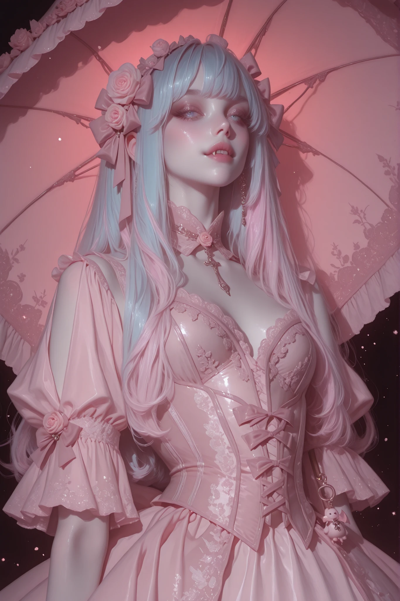 A beautiful pastel vampire girl, delicate and ethereal, with pale porcelain skin, striking pastel blue eyes, and flowing black curls with subtle pastel streaks. She wears an elaborate rococo-inspired lolita dress in soft pink and white, with layers of lace, ruffles, and bows, ornate corset bodice, and a parasol trimmed in lace. Her look blends sweetness with subtle gothic charm — tiny fangs visible as she smiles faintly, surrounded by a dreamy garden bathed in soft moonlight with pastel roses and glowing mist. Semi-realistic, highly detailed, ethereal pastel gothic aesthetic, elegant, soft lighting, intricate fabric textures, fantasy character art.