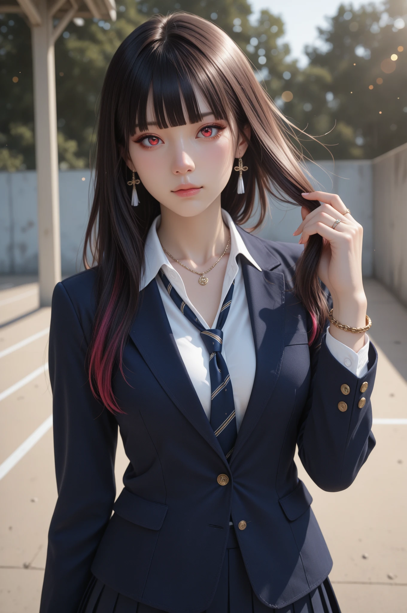 Photorealistic, High resolution, Soft light,1womanl, Solo, ???? up high, (Detailed face),The tattoo, Jewelry, （(Girl sitting in school classroom))，crossed legs, A dark-haired、short-cut，Wear、（(white blazer、ultra short skirt、styles，low ?????, Long hair、((poneyTail))、((up skirt)）、（(mix４)）、((appearance々color ????? abe々Colored hair)）,white panties, big ????,
