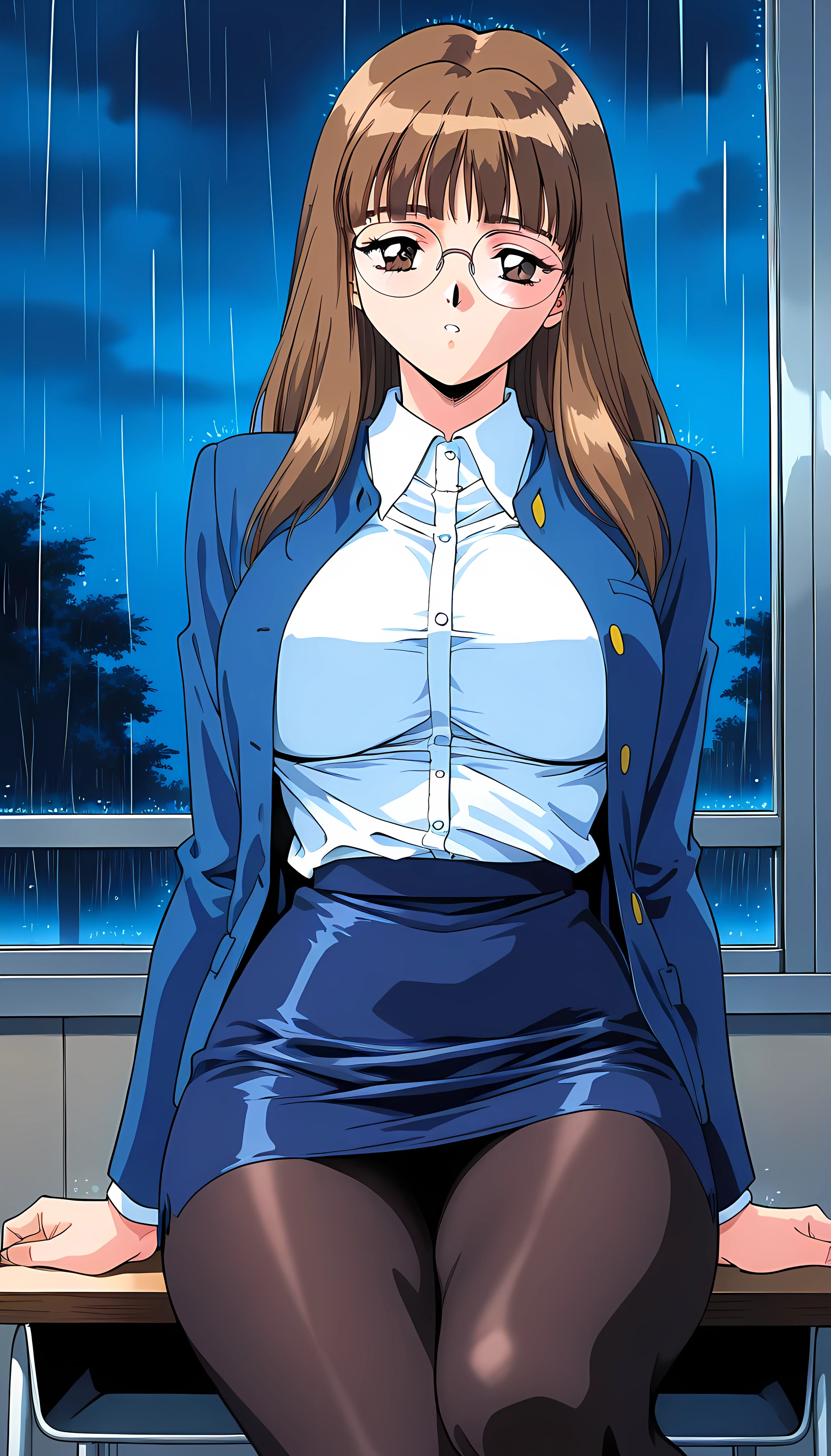  masterpiece, 最 High Quality,  High Quality, Iijima  _sensei,  1 girl, Alone,  brown hair,  long hair,  brown eyes,  unkempt bangs,  big boobs, 1990s \( style\), anime painting ,  shirt,  long sleeve,   blue jacket  , collared  shirt, white  shirt,  pencil skirt,  pantyhose,
  night, rain,  indoor, school classroom, Sleep with your legs spread on your back