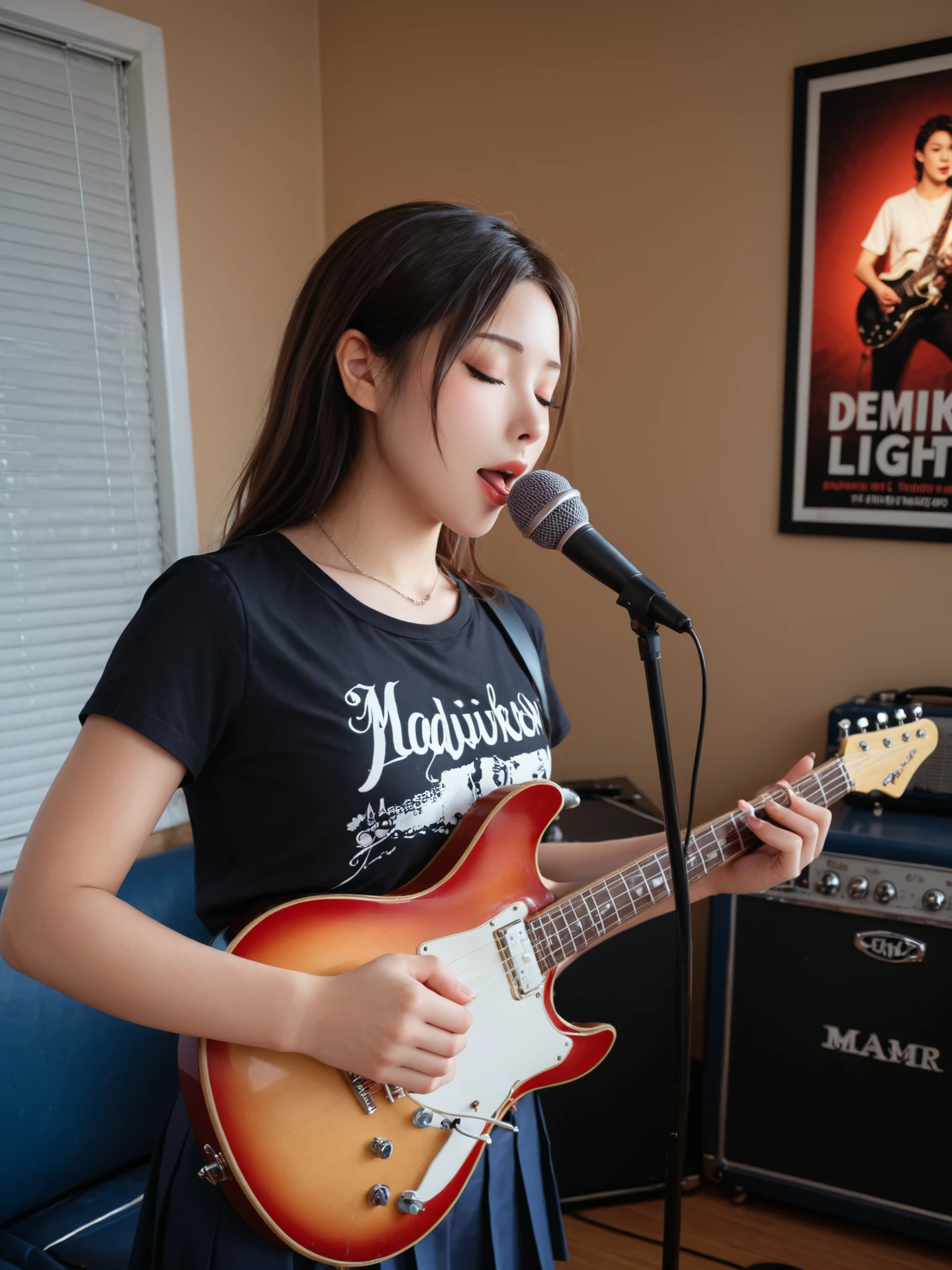 Highest Quality,masterpiece,soft to the touch,Delicate Body Curves,Realistic Human Body,realistic scene of a girl band practicing in a music studio. the atmosphere is energetic yet concentrated, using instruments like electric guitars, bus, drums, and、Ambient microphone. The main girl wears a black cropped t-shirt, pleated miniskirt, and彼女の首の周りのチョーカー. She is passionate about music and、she seems immersed, adjusting microphone、stringing the guitar. Warm Studio Lights, wall poster , full of concentration, and、has a slightly messy yet lively atmosphere. super detailed, realistic lighting using an electric guitar, cinematic composition, 8K photo style.