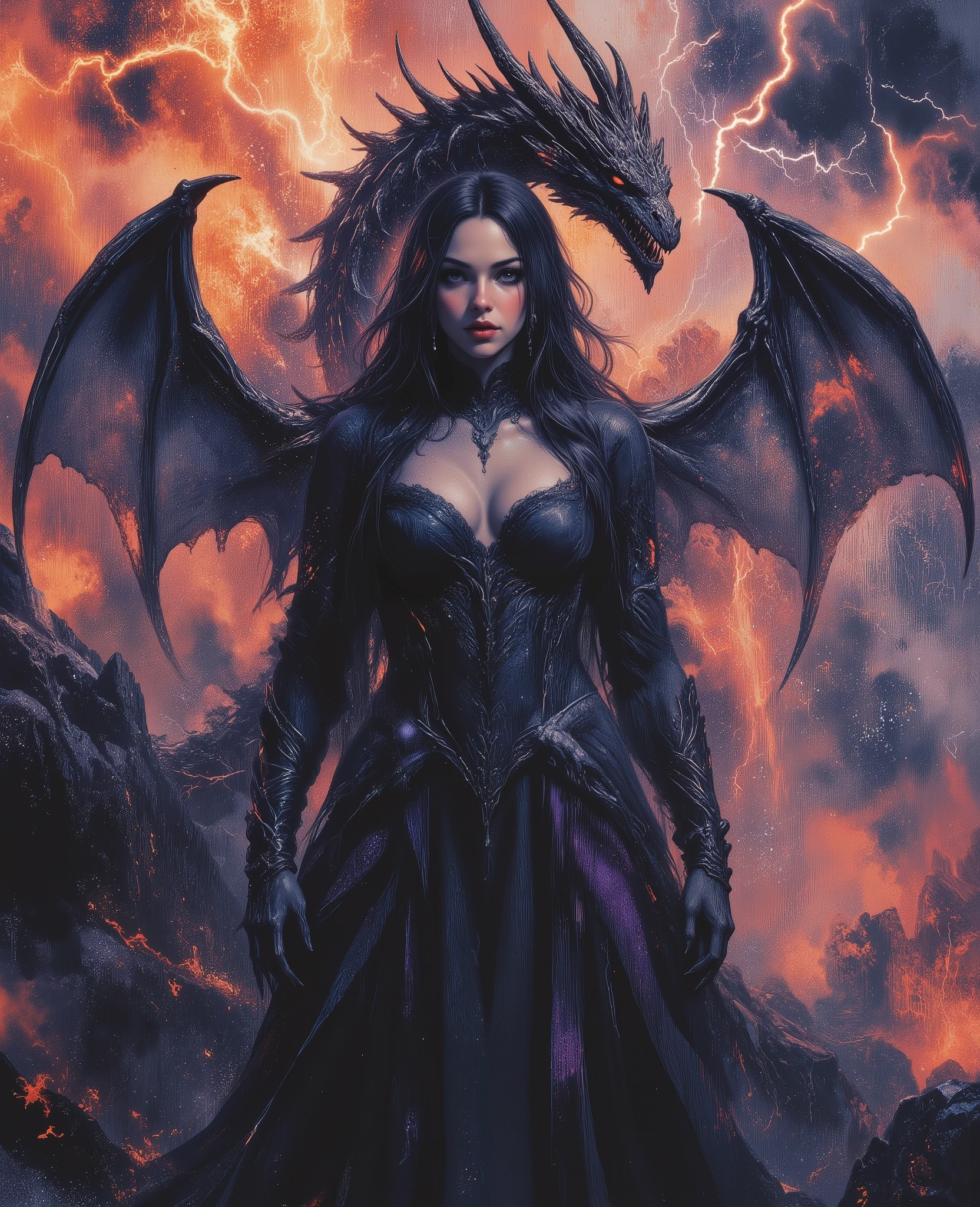masterpiece, surreal landscape, sharp hyperreal painting, dark expressive eyes, gothic colors, ultra hot gorgeous early 20's curvy slavic woman with busty hourglass body, she is a tamer of dragons and a powerful witch, a beautiful young onyx wyrm is behind her in all his young draconic glory, wings spread framing her beauty, crimson hair so red it looks like blood, semi-real composition, dynamic sensual depiction, woman with long flowing midnight black hair, dramatic surreal setting, searching look on her face, elaborate iridescent black garment with intricate patterns and embroidery, open front exposing large heaving cleavage, deep valley between her full round breasts, hardened nipples visible through thin fabric, healthy tan skin to waist in V-shape, glistening with perspiration, flushed cheeks, slightly parted moist lips, breathing heavily with desire, garment slipping off one shoulder revealing smooth skin, tight purple so dark its almost black fabric clinging to her curves, rocky landscape, moody atmosphere, jagged stones, rugged natural environment like battleground of ancient gods and primeval titans, vibrant sunset, warm hues of pink and purple, sharp bolts of blue lightning in clouds, interplay of light and shadow, mystique, erotic tension, drama