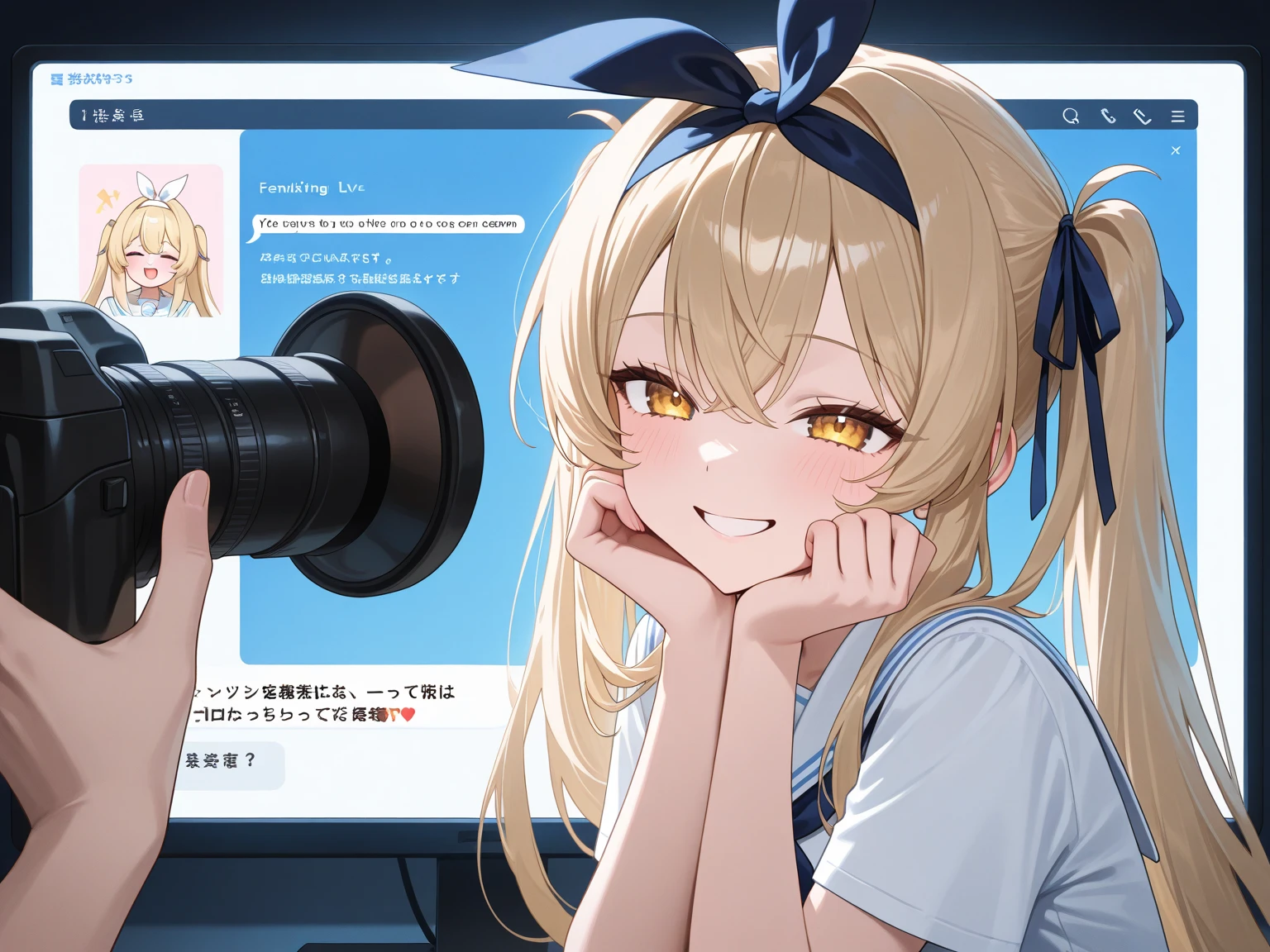 ((chibi:1.1)), ((masterpiece)), ((Highest quality)), (Super Detail:1.2), (High resolution:1.3), ((Very detailed)), (8k), (Professional photography:1.2), (so beautiful:1.2), (Sharp focus), (Perfect light), (Cast a Shadow), cute young Girl, Shiny straight hair, ((Blonde Hair)), ((Close)), (A cunning expression), Big eyes, Colorful eyes, blush, ((Droplet)), cute cheeks, Glossy Lips, ((Highest quality)), (school uniform, Sailor suit), ((Great joy:1.2, Banzai:1.2, Great fun:1.2)), cute makeup, ((Computer desk)), cute, (Beautiful paintings),