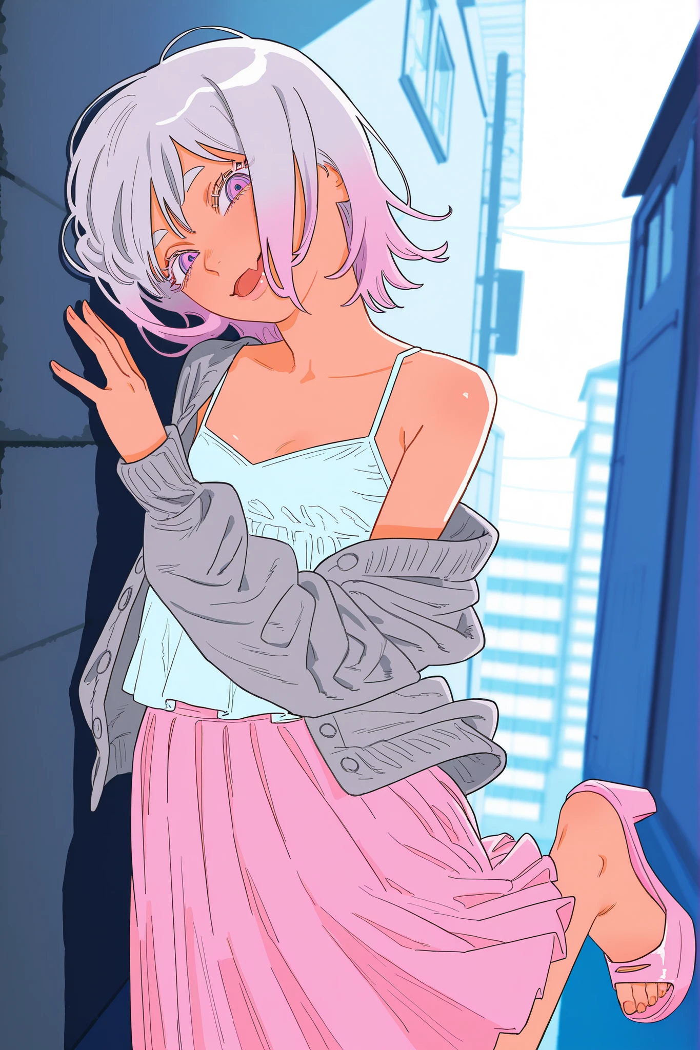 ((FujimotoMangaStyle)), ((Fujimoto Tatsuki style)), (psychedelic art), (((Masterpiece)), ((best quality, amazing quality)), (watercolor painting:1.4), ((very aesthetic, absurdres, newest)), ((detailed background, negative space, blurry background, depth of field)), (dynamic angle, from side), ((1girl)), Cute young Girl, (Healthy Gaunt body, Textured skin, small breast, tilt head), ((brown-skinned)), Glossy hair, (hair between eyes, long bangs, long side bangs), (medium hair, platinum-gold hair, unruly hair, gradient hair), ((naughty smile, open mouth)), skin fang, (ringed eyes, pale purple eyes, glitter eyes, gradient eyes), big eyes, (short eyebrows), glossy lips, pouty lips, (lower eyelashes), BREAK, ((loose pale gray Knit fabric cardigan, open cardigan, inner camisole, pink Ruffled medium Skirt), (Thick-soled high-heel, high-heel in pastel colors), Beautiful collarbones, (spread skirt with hand, spread by self), ((loose standing, toe up)), (against the Wall painted with psychedelic art, wavelets, psychedelic art), outdoor, sultry, Beautiful landscape, wind blow, Scattered rubbles,