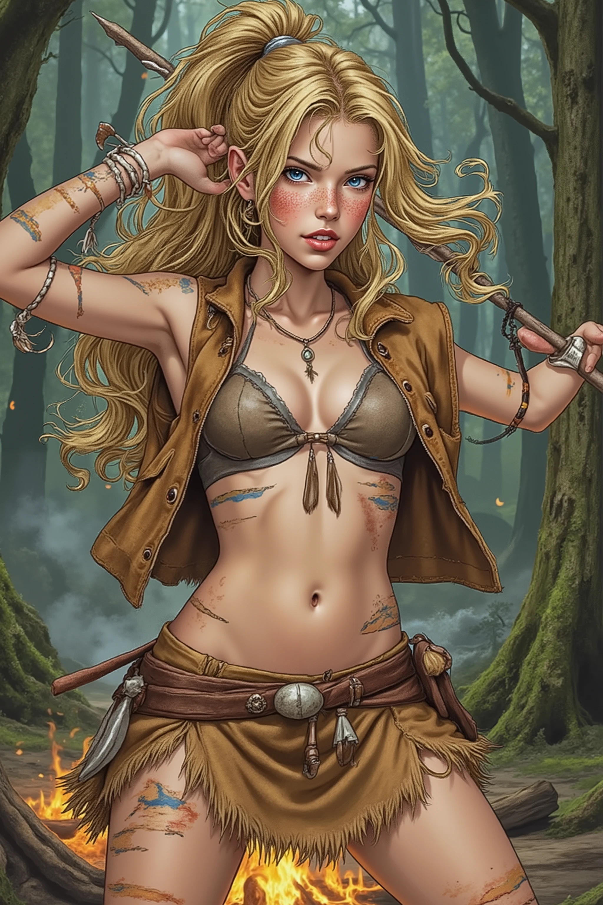 Teen,Teen Girl,itacomic1 illustration,Daria,C4STL3V4NI4,Girl,
💋 : Kaelia – The Wild Flower (LoRa training variant)
🌟 : Comicstyle, 4K, Don Lawrence Style, inspired by comics from the 80s and Amazon stories, hochdetailliert, klare Linien, lebendige Farben, different perspectives (Vorderansicht, Seitenansicht, rear view , Nahaufnahme), different lighting conditions (Tageslicht, Lagerfeuer, dusk)
🌌 : Dense forest with a flickering campfire, fresh air with the scent of earth and herbs, alternative backgrounds (Waldlichtung, Flussufer, Baumwipfel), changing times of day (Morgen, Mittag, Nacht)
😈 : Young woman with a freckled, tanned face, hellblaue, wache Augen, wild honey-colored mane tied in a high ponytail, a few strands are blowing in the wind, schlanke, sinewy stature with agile grace, consistent facial features and body proportions
🔥 :
Kleidung: skin-tight tanned leather strappy top, medium-length frayed leather skirt up to mid-thigh, barefoot with scarred feet, lightweight primitive suede vest with river stones and wooden beads, Schmuck aus Federn, Fischknochen, braided grasses and boar's tusks, painted with wild stripes of colored earth on arms and face
poznan:
Variante 2: Standing in a fighting position, arm raised with an improvised spear
facial expressions: Tiefe Reflexion, Schabernack, Neugier, Herausforderung, silent strength
Details: Fokus auf Texturen (Leder, Narben, Schmuck), consistent skin tones, Sommersprossen, Augenfarbe, hair strands