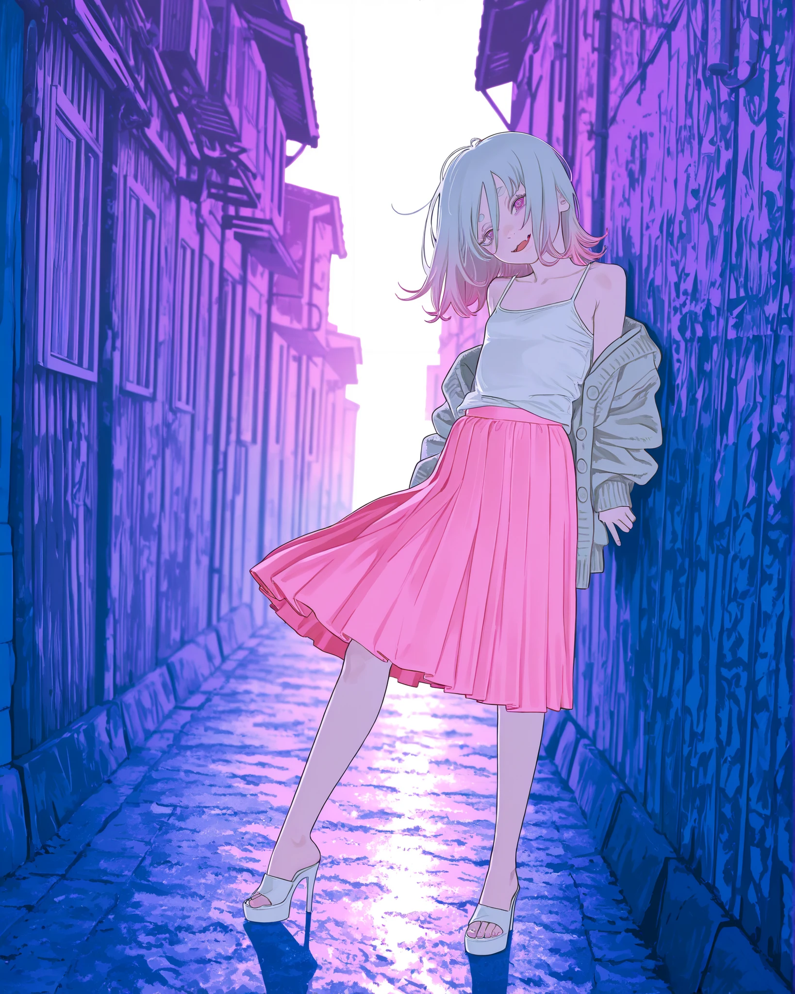 fujimoto,((FujimotoMangaStyle)), ((Fujimoto Tatsuki style)), (psychedelic art), (((Masterpiece)), ((best quality, amazing quality)), ((very aesthetic, absurdres, newest)), ((detailed background, negative space, blurry background, depth of field)), (dynamic angle, from side), ((1girl)), Cute young Girl, (Healthy Gaunt body, Textured skin, small breast, tilt head), ((brown-skinned)), Glossy hair, (hair between eyes, long bangs, long side bangs), (medium hair, platinum-gold hair, unruly hair, gradient hair), ((naughty smile, open mouth)), skin fang, (ringed eyes, pale purple eyes, glitter eyes, gradient eyes), big eyes, (short eyebrows), glossy lips, pouty lips, (lower eyelashes), BREAK, ((loose pale gray Knit fabric cardigan, open cardigan, inner camisole, pink Ruffled medium Skirt), (Thick-soled high-heel, high-heel in pastel colors), Beautiful collarbones, (spread skirt with hand, spread by self), ((loose standing, toe up)), (against the Wall painted with psychedelic art, wavelets, psychedelic art), outdoor, sultry, Beautiful landscape, wind blow, Scattered rubbles,