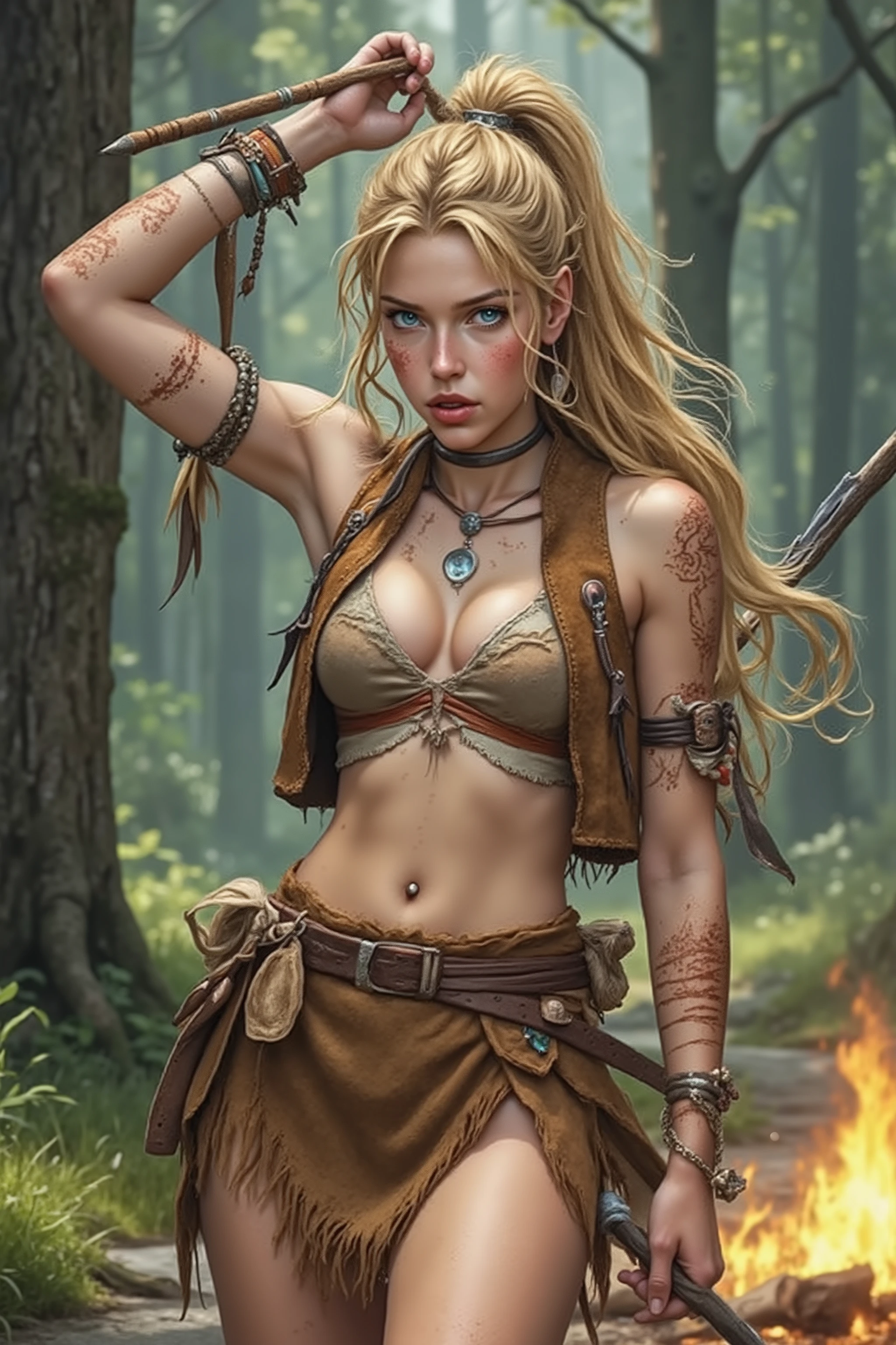 Teen,Teen Girl,itacomic1 illustration,Daria,C4STL3V4NI4,Girl,
💋 : Kaelia – The Wild Flower (LoRa training variant)
🌟 : Comicstyle, 4K, Don Lawrence Style, inspired by comics from the 80s and Amazon stories, hochdetailliert, klare Linien, lebendige Farben, different perspectives ( rear view ,), different lighting conditions (dusk)
🌌 : Dense forest with a flickering campfire, fresh air with the scent of earth and herbs, alternative backgrounds (Waldlichtung, Flussufer, Baumwipfel), changing times of day (Morgen, Mittag, Nacht)
😈 : Young woman with a freckled, tanned face, hellblaue, wache Augen, wild honey-colored mane tied in a high ponytail, a few strands are blowing in the wind, schlanke, sinewy stature with agile grace, consistent facial features and body proportions
🔥 :
Kleidung: skin-tight tanned leather strappy top, medium-length frayed leather skirt up to mid-thigh, barefoot with scarred feet, lightweight primitive suede vest with river stones and wooden beads, Schmuck aus Federn, Fischknochen, braided grasses and boar's tusks, painted with wild stripes of colored earth on arms and face
poznan:
Variante 2: Standing in a fighting position, arm raised with an improvised spear
facial expressions: Tiefe Reflexion, Schabernack, Neugier, Herausforderung, silent strength
Details: Fokus auf Texturen (Leder, Narben, Schmuck), consistent skin tones, Sommersprossen, Augenfarbe, hair strands