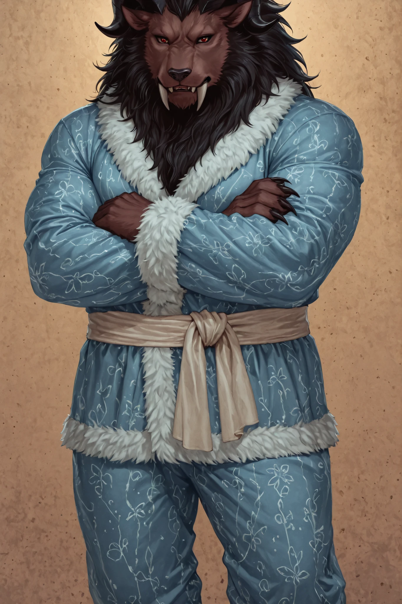 A full-body vertical fantasy illustration of a majestic anthropomorphic beast standing in a confident and masculine pose, wearing luxurious light blue pajamas with white fur trim, semi-realistic fantasy style. The beast has a muscular and broad physique, detailed fur texture, red eyes, large curved black horns, long black mane framing the face, and long sharp fangs. The character radiates strength, nobility, and warmth at the same time. The artwork should emphasize semi-realism with fine detail on fur, clothing fabric, and shading, with cinematic fantasy lighting. Vertical 1:3 aspect ratio, daikimakura style