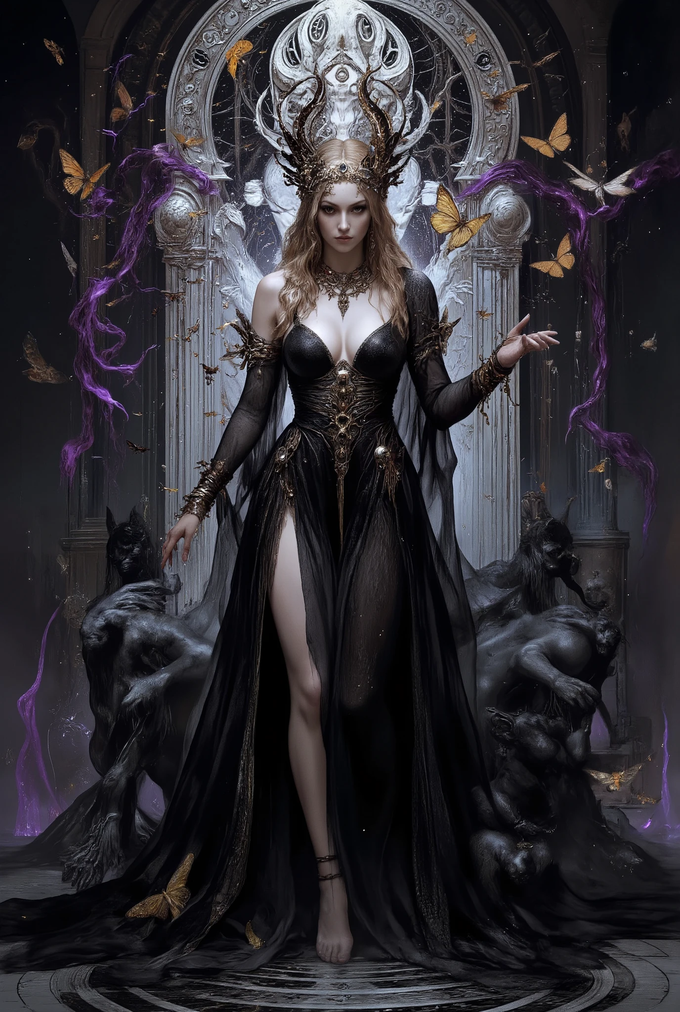 Masterpiece, extremely balanced fluid expressionist style, a reverent surreal hyperreal painting of a stunning goddess of darkness and shadow, statuesque and sensationally beautiful as only living gods can be, erotic sexiness cut from living night, a face of loveliness and terror, large amazing breasts, and a body of superlative grace, embodying the seductive dangers of the night, and the predatory grace of cats who stalk nocturnal paths, ethereal pale skin with a luminous glow against pitch-black surroundings, adorned with intricate jewelry made of obsidian and starlight, flowing black diaphanous gown that merges with the shadows around her, surrounded by elements of haunting beauty like dozens of moths, shadow servants with human faces, and swirling tendrils of purple light, her eyes hypnotic and filled with the radiance of ancient wisdom, standing in a glowing silver temple where shadowcats dance at her feet, atmosphere of mystical seduction and power, dramatic chiaroscuro lighting creating stark contrasts, photographed with cinematic depth, 8k detaile