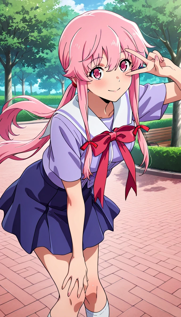 anime style, masterpiece, best quality, ultra detailed, high resolution, 8k, smile, 1 girl,
aayuno, pink eyes, pink hair, twintails, red ribbon, hair ribbon, school uniform, purple shirt, short sleeves, white sailor collar, red neckerchief, red bow, blue skirt, standing, leaning forward, park, v over the eye , white socks
