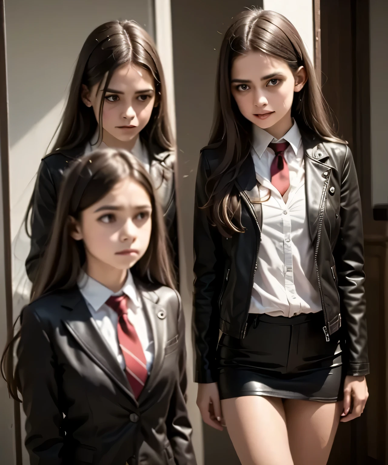 Double identity in the mirror: A girl in school uniform looks at her reflection in the mirror: the reflection shows her nocturnal alter ego, with a leather jacket, scars and a determined gaze.