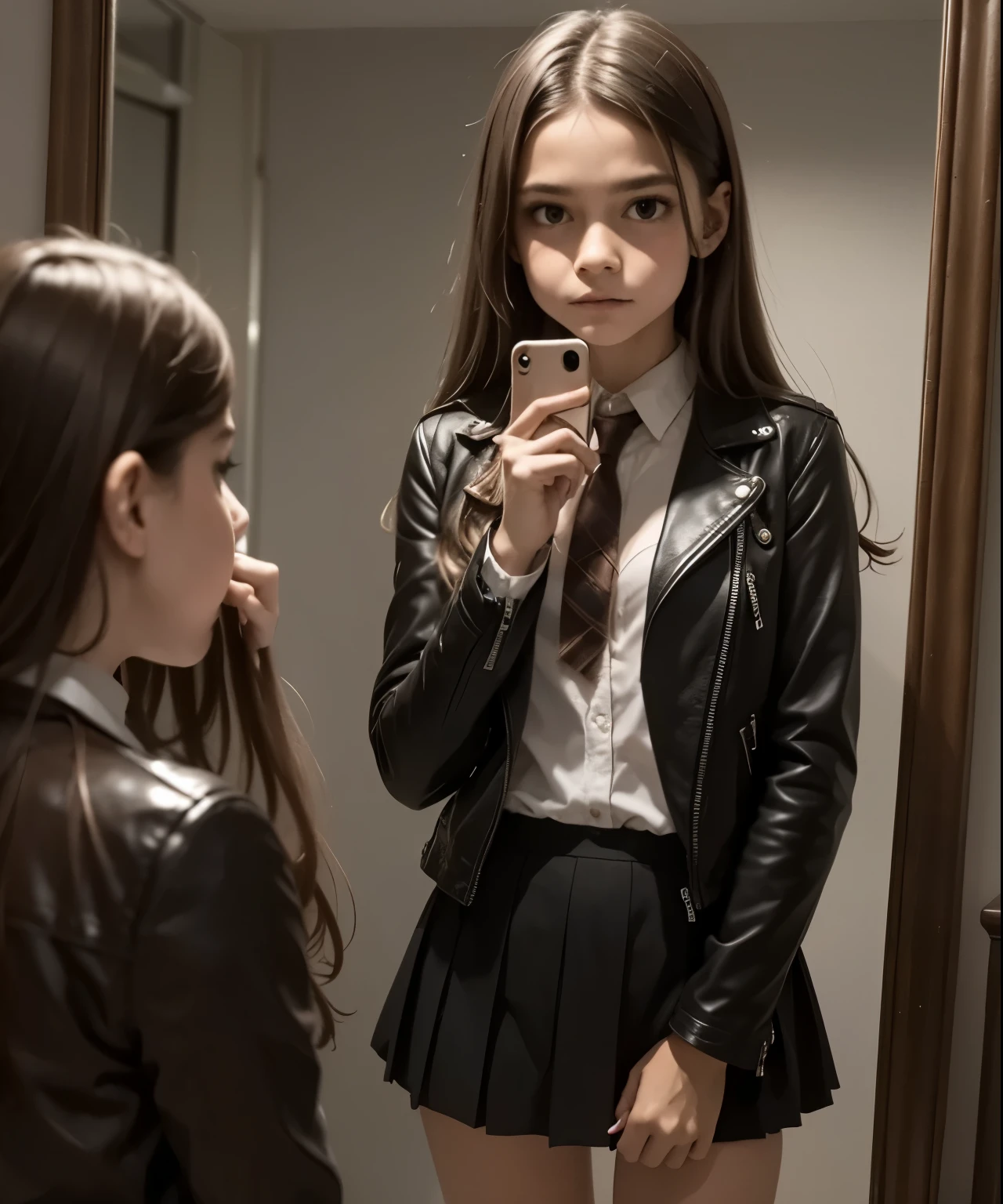Double identity in the mirror: A girl in school uniform looks at her reflection in the mirror: the reflection shows her nocturnal alter ego, with a leather jacket, scars and a determined gaze.