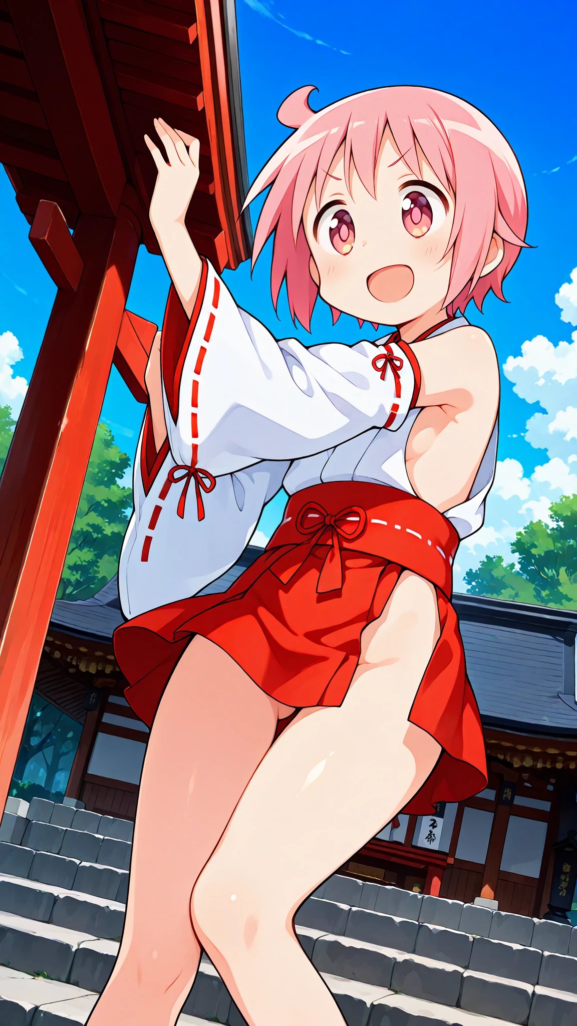nonohara yuzuko, pink hair, short hair,ahoge, pink eyes,bangs,((anime style)),score_9, score_8_up, score_7_up, source_anime,solo,1girl, ((miko)),((mini slit red skirt)),((((slit skirt)))),ass visible through thighs,((Obi)) ,((Obi knot)), (flat chest) , ((side boob)) , (No panties) , ((exposed shoulders)) ,((detached white sleeves)),(ribbon-trimmed sleeves),happy,((Shrine grounds)),((blue sky)),v-shaped eyebrows,looking at viewers,((((glimpse of her thighs)))),(standing),