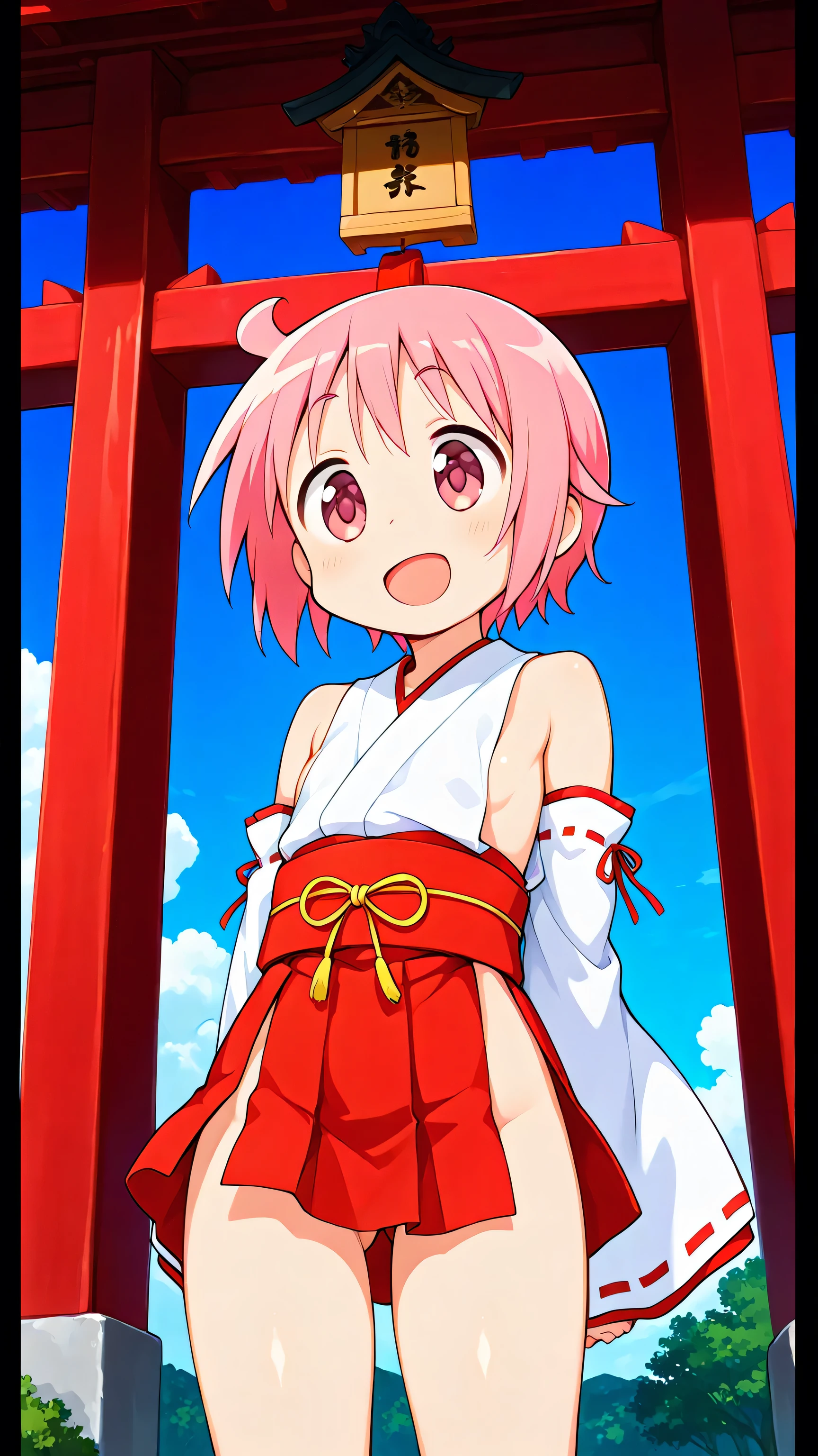 nonohara yuzuko, pink hair, short hair,ahoge, pink eyes,bangs,((anime style)),score_9, score_8_up, score_7_up, source_anime,solo,1girl, ((miko)),((mini slit red skirt)),((((slit skirt)))),ass visible through thighs,((Obi)) ,((Obi knot)), (flat chest) , ((side boob)) , (No panties) , ((exposed shoulders)) ,((detached white sleeves)),(ribbon-trimmed sleeves),happy,((Shrine grounds)),((blue sky)),v-shaped eyebrows,looking at viewers,((((glimpse of her thighs)))),(standing),