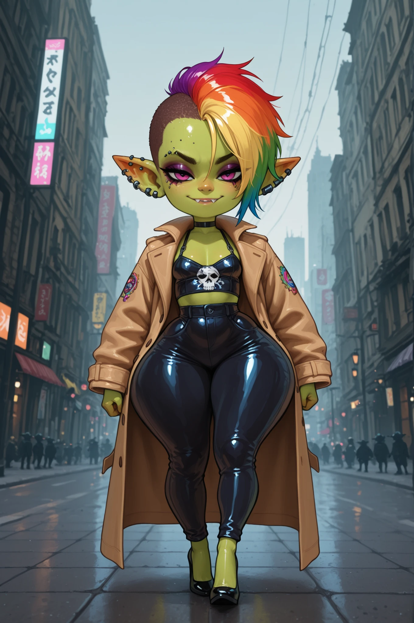 female punk, rainbow colors hair, very short hair, black eye , facial piercings, eye makeup, small breasts, meduim hips, (goblin girl:1.0) (shortstack:1.0) (green skin:1.0) (pointy ears:1.0) (wide hips:1.0)| 1girl,solo,looking at viewer,pu jacket, coat, coat, pants,high heels,city, Trench Coat