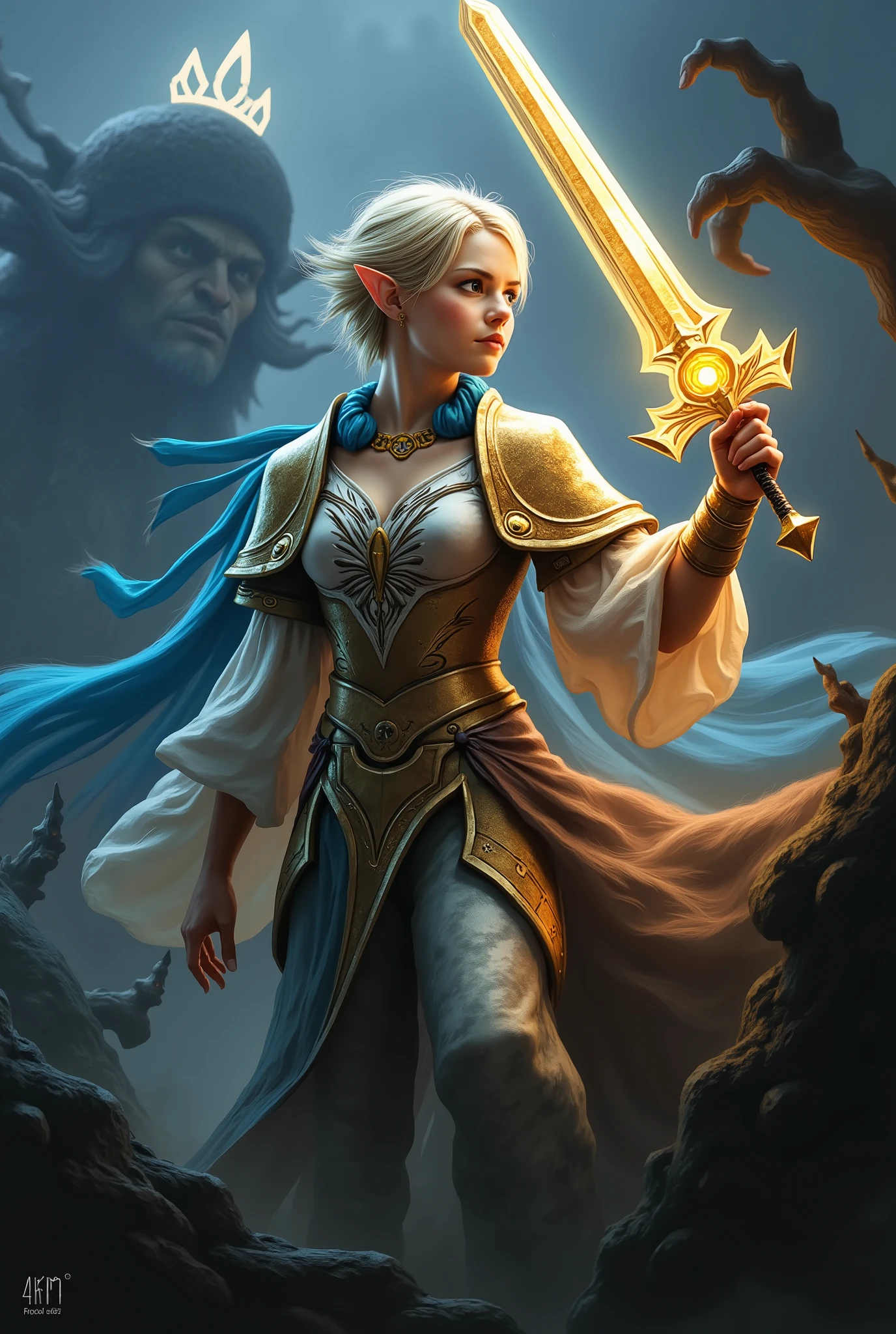 ((FULL BODY)) , RPG d&d , an elf with short blonde hair holding a light sword , 4k , Unreal engine , intricate , highly detailed , beautiful lighting , advanced quality , 8k , trending artstation , professional , dramatic , illustration , high quality , beautiful character , Premium portrait , F/22 , symmetrical and dynamic poses , RPG , masterwork , advanced quality , beautiful lighting.