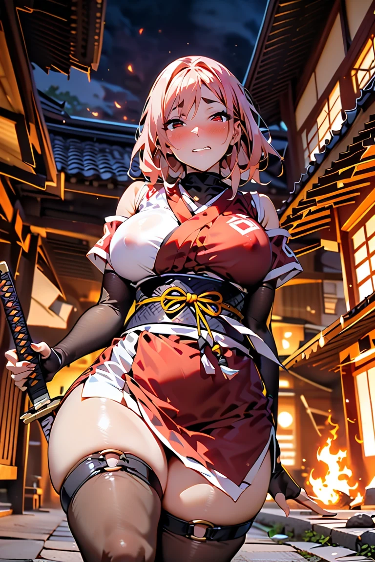 score_9_up,score_8_up,score_7_up,score_6_up,score_5_up,score_4_up,(((1 girl))),(((solo))),(pekomama),(((milf))), ninja,thick eyebrows, droopy eyes,(((mature female))),(((open eyes))),big breasts, bare shoulders,ninja mask,japanese clothes,red kimono,short kimono,obi,elbow gloves,fingerless gloves,gloves,hood,(( skirt)),sandals,socks,black legwear,toes,thigh strap,bottomless,covered puffy nipples,(tearing),(((embarrassed))),(((short katana))),(((looking at viewer))),outdoor,Japanese house,(((fire house background ))),(((a lot of hinoko dancing in the wind:1.5)),at night ,cowboy shot,angle from below front,