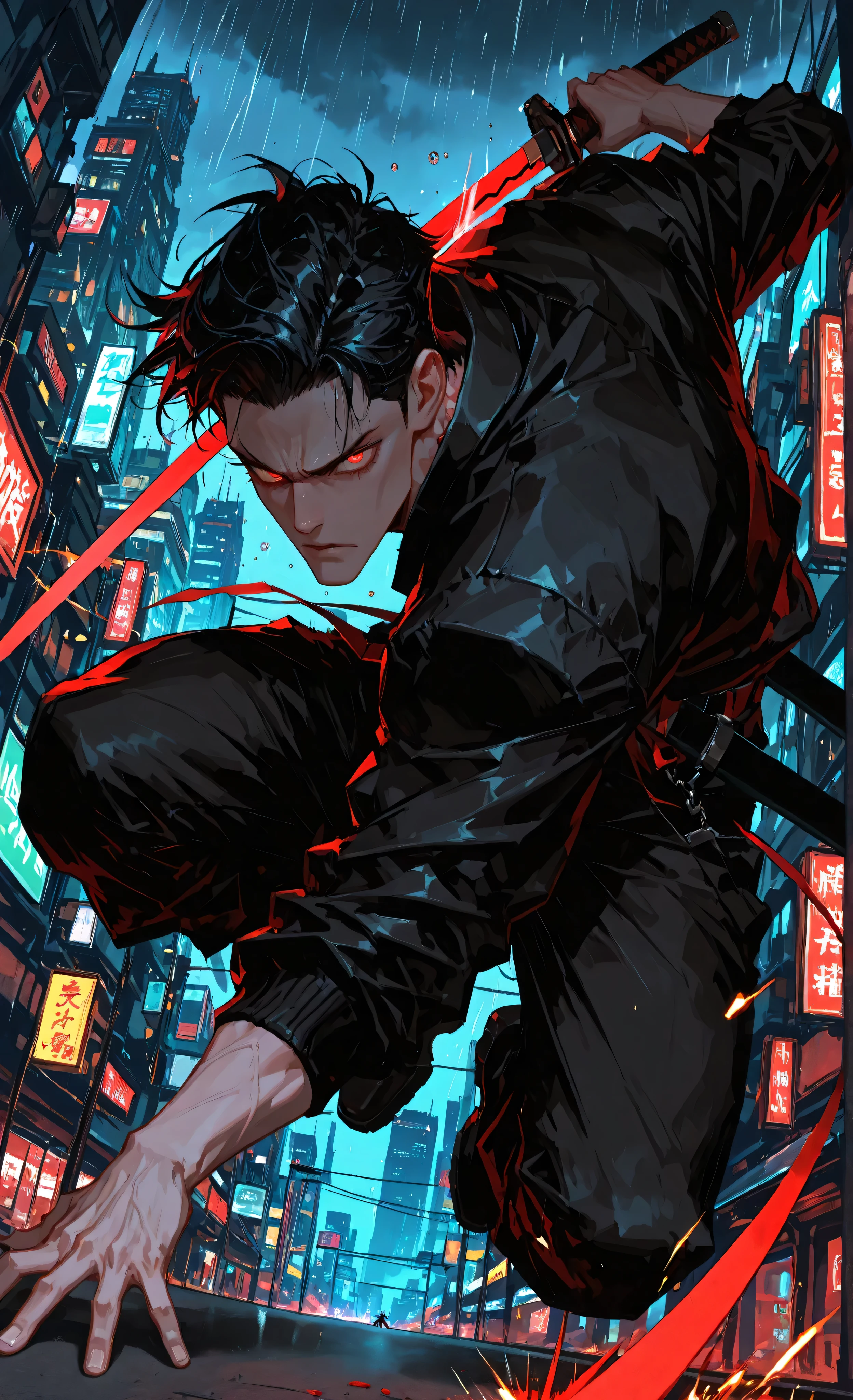 (masterpiece:1.3, 8k:1.3, Highest Quality:1.3, detail:1.3, high resolution:1.3, Digital Painting, ultra detailed), anime male assassin(manly face), (subtle gloss:1.1), mid-leap between buildings, short black hair, red and black assassin garb, dual katanas crossed in defensive stance, dramatic dutch angle perspective, rain-slicked neon-lit cyberpunk cityscape below, dangerous height emphasized, sparks of light trailing behind him like blood drops, determined expression with glowing eyes, (detailed eyes:1.2), (sharp eyes:1.1), motion lines emphasizing speed, city lights creating bokeh effect, (dynamic pose:1.2), (action pose:1.2), dynamic tension in posture, fish-eye lens effect on edges