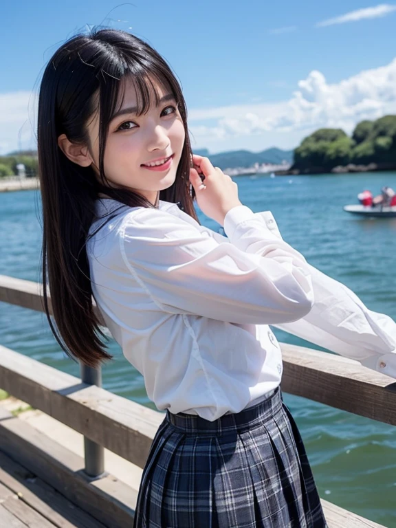 Ultra-high resolution,(reality: 1.4),Highest quality, masterpiece, High detail, 16K quality, beautiful, 1 beautiful girl,Japanese,super beautiful face,Baby Face,Japanese idol face,Cute face,Highly detailed face,Fine hand,beautiful skin,Sweaty skin,Big eyes,Big smile,Professional Lighting,Medium Hair, Black Hair,brown beautiful eyes, White shirt,bow tie,Brown Check Skirt,Are standing,Skirt flip,((Increase in wind power:1.3)),(((Showing ))),((White )),Medium Chest,She is looking at the camera,Beach,blue sky, beautiful blue ocean,Browsing Caution,from the front,
