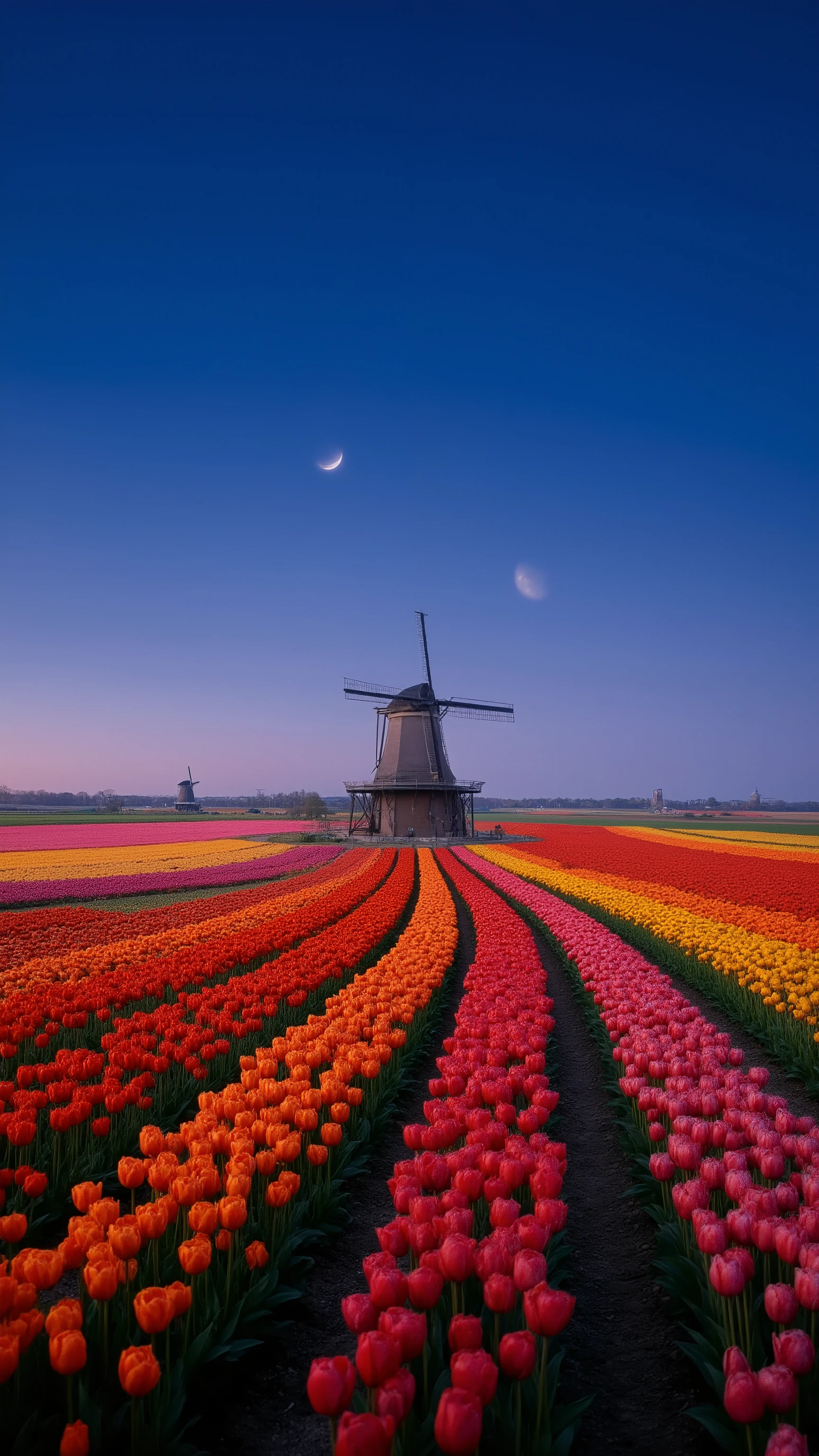 In high resolution images、Netherlands on a crescent night、Dutch landscape images with beautiful windmills and tulip plains、images of beautiful Dutch plain scenery with windmills and colorful tulip fields、 the horizon can be seen in the distance 。