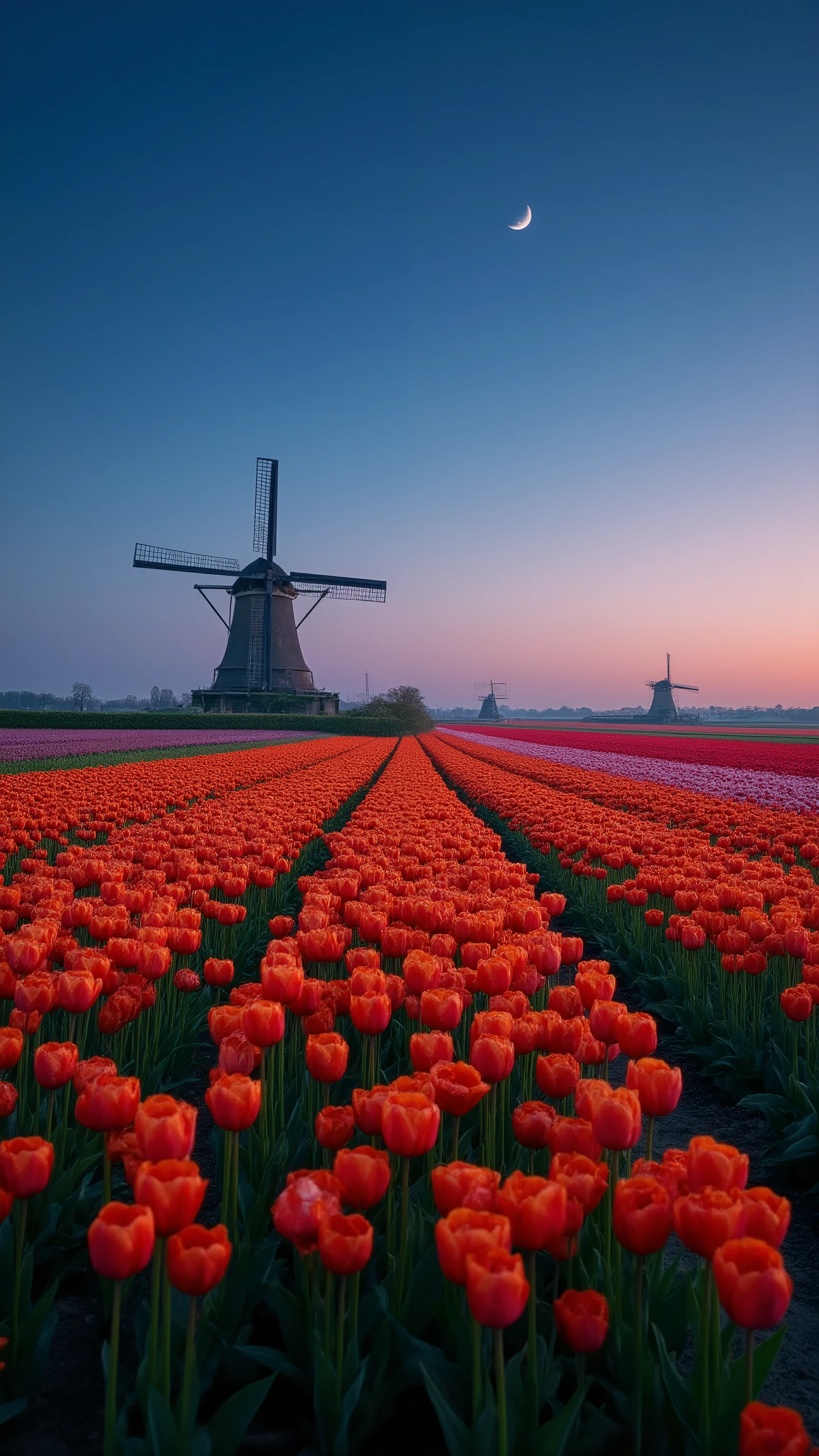 In high resolution images、Netherlands on a crescent night、Dutch landscape images with beautiful windmills and tulip plains、images of beautiful Dutch plain scenery with windmills and colorful tulip fields、 the horizon can be seen in the distance 。