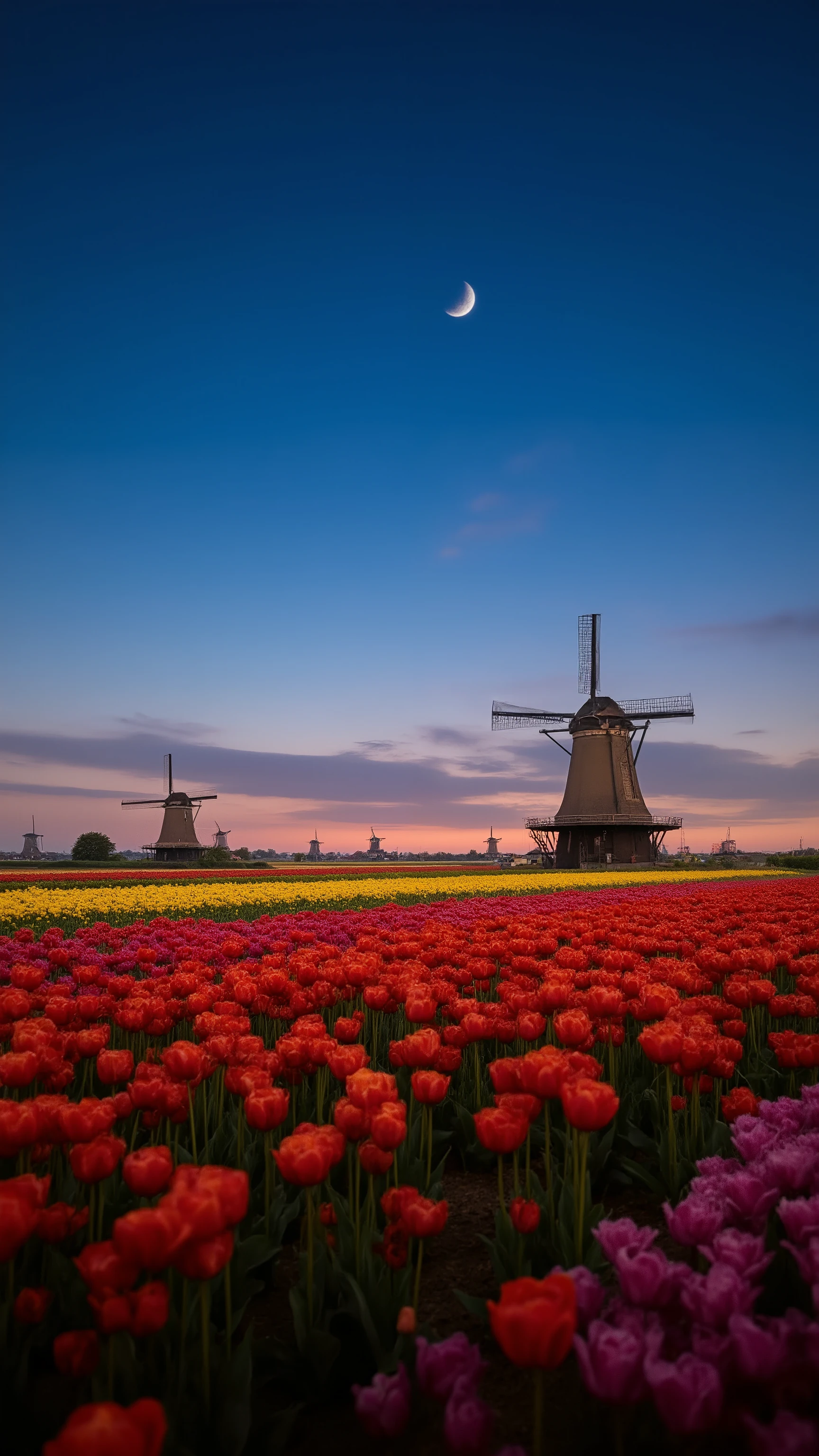 In high resolution images、Netherlands on a crescent night、Dutch landscape images with beautiful windmills and tulip plains、images of beautiful Dutch plain scenery with windmills and colorful tulip fields、 the horizon can be seen in the distance 。