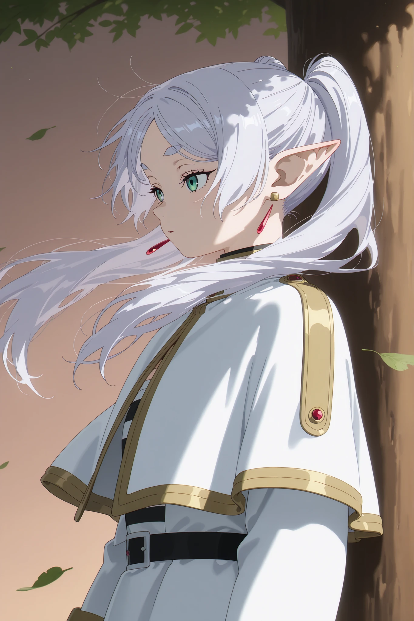 masterpiece, best quality, newest, absurdres, highres, beautiful, detailed background, anime coloring, artwork, 1girl, solo, frieren, elf, pointy ears, grey hair, long hair, twintails, green eyes, blue eyes, earrings, 1girl, solo, frieren, elf, pointy ears, silver hair, white hair, green eyes, robe, striped shirt, belt, white capelet, detailed, sharp art, under the tree, under shadow, falling leaves, masterpiece , fluttering hair, wind, from side, upper body, 