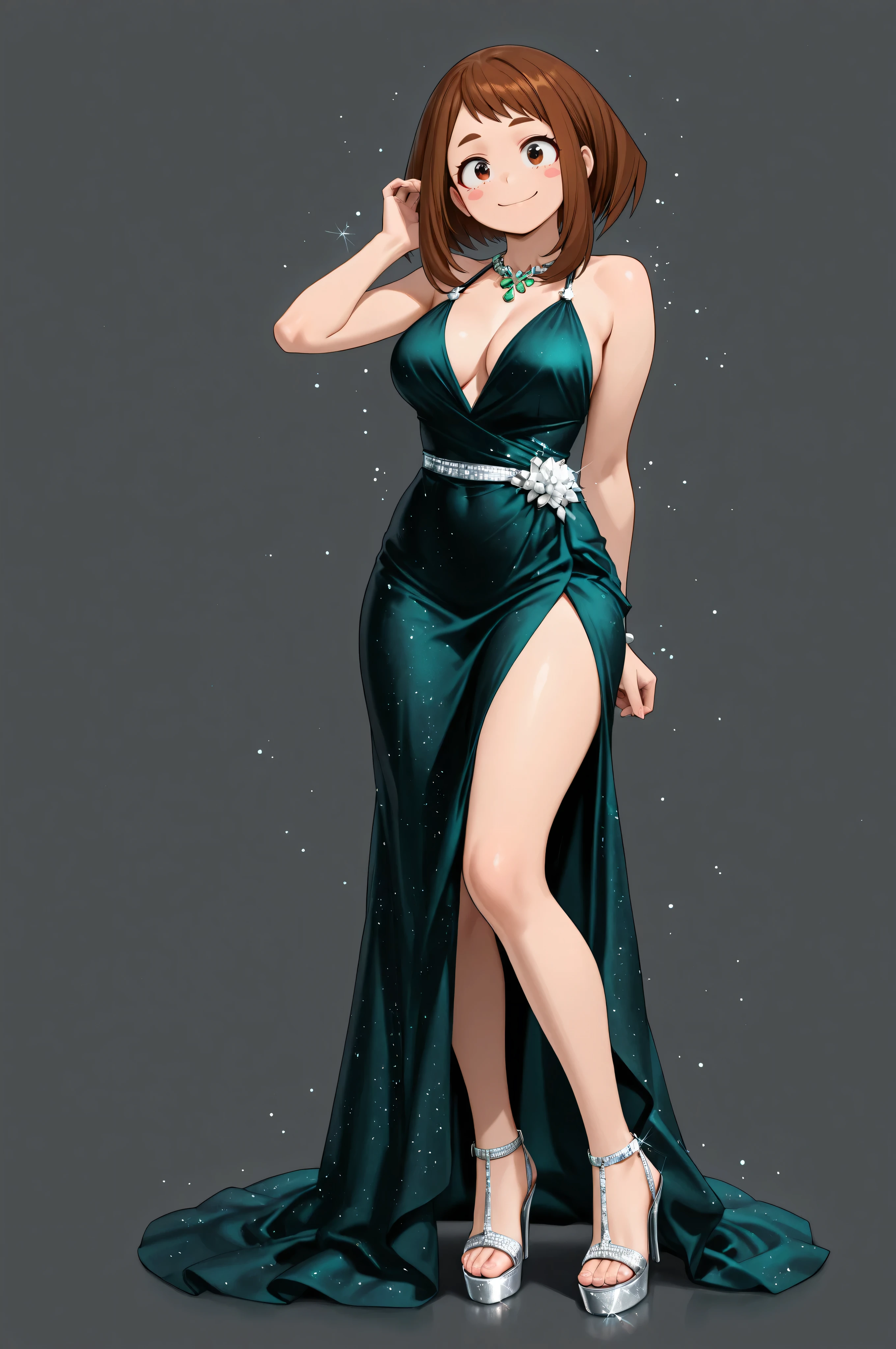 HD, 4k, clear. a girl, uraraka ochako, naughty pose. smile. alone. (gray background), Wear a beautiful dark green satin dress. evening dress adorned with silver glitter particles for added glamor. Transparent high heel sandals with platform. (hyperdetailed face), urarak4, brown hair, short hair, brown eyes, beautiful pink stickers. Photo RAW. 16K. masterpiece. Higher quality. birthday style. anatomía perfecta. manos perfectas.
