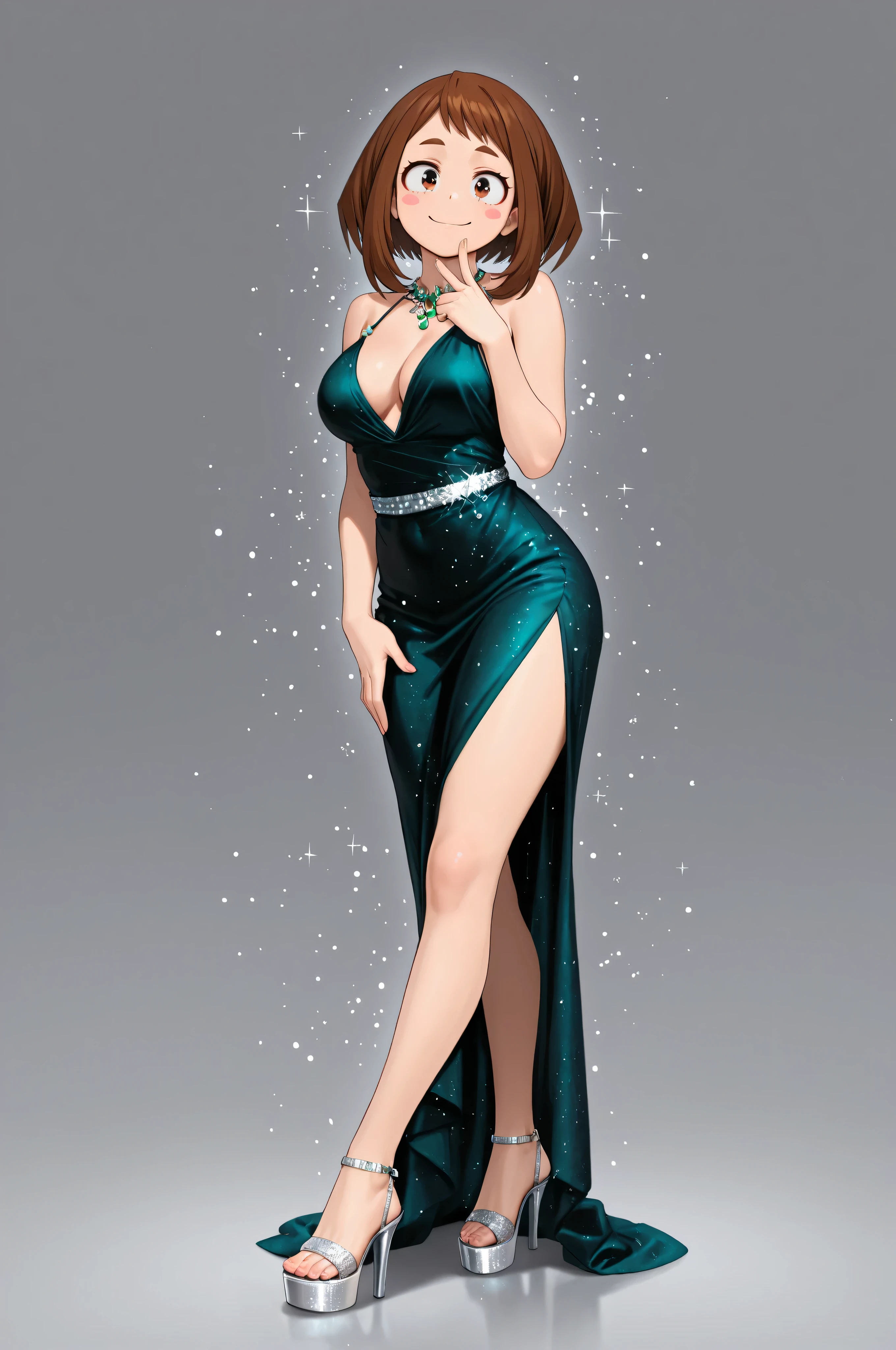HD, 4k, clear. a girl, uraraka ochako, naughty pose. smile. alone. (gray background), Wear a beautiful dark green satin dress. evening dress adorned with silver glitter particles for added glamor. Transparent high heel sandals with platform. (hyperdetailed face), urarak4, brown hair, short hair, brown eyes, beautiful pink stickers. Photo RAW. 16K. masterpiece. Higher quality. birthday style. anatomía perfecta. manos perfectas.