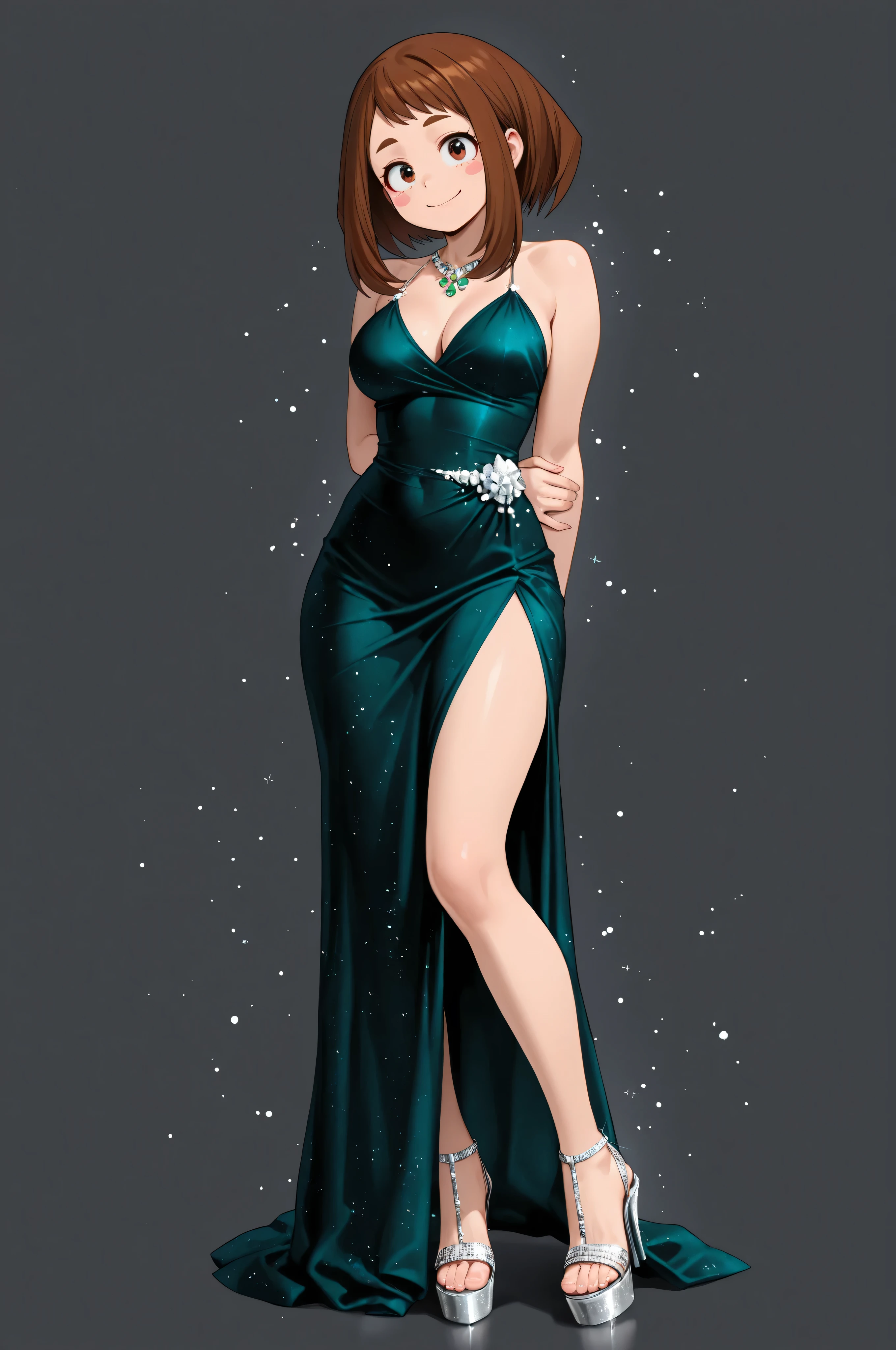 HD, 4k, clear. a girl, uraraka ochako, naughty pose. smile. alone. (gray background), Wear a beautiful dark green satin dress. evening dress adorned with silver glitter particles for added glamor. Transparent high heel sandals with platform. (hyperdetailed face), urarak4, brown hair, short hair, brown eyes, beautiful pink stickers. Photo RAW. 16K. masterpiece. Higher quality. birthday style. anatomía perfecta. manos perfectas.