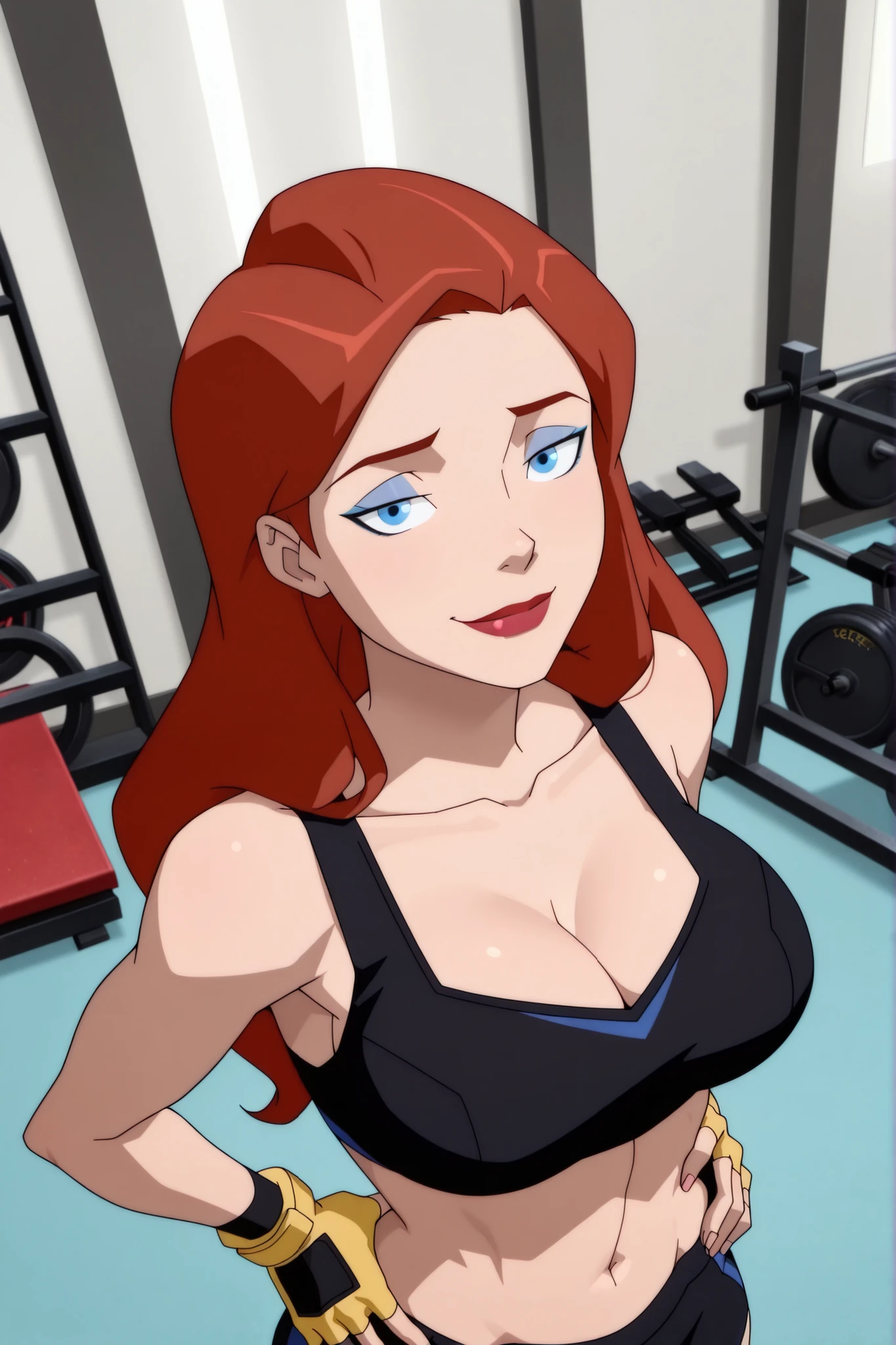 BREAK, score_6_up, score_7_up, score_8_up, score_9, 1girl, solo, b4rb4r4-b4t, blue eyes, long hair, red hair, brown hair, lipstick, makeup, large breasts, busty, cleavage, curvy, athletic, looking at viewer, seducing viewer, teasing viewer, seductive expression, smiling, closed mouth, bedroom eyes, black sports bra, black gym shorts, yellow fingerless gloves, indoors, gym, standing, closeup, portrait, upper body, high-angle view, blue eyeshadow, hands on waist