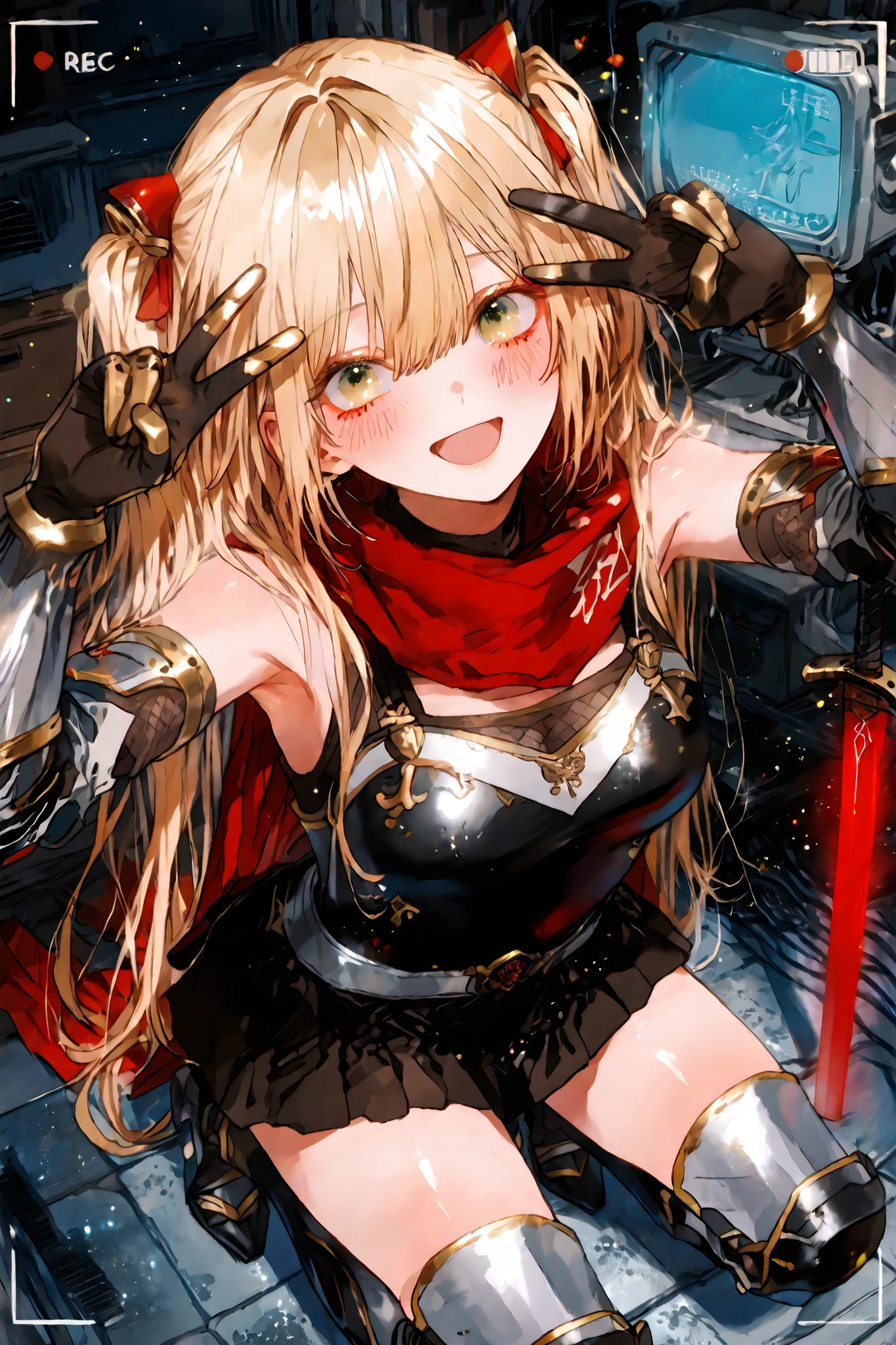 v above eyes  、W、バックハンドmasterpiece,最High Quality,Super Detailed,high resolution,Slender,High Quality、score_9、score_8_up、score_7_up、masterpiece、High Quality、Super Detailed、high resolution、High Quality、最High Quality、anime style、dynamic angle、full body、masterpieceハイディフィニション、High Qualityな詳細、((監視カメラにv above eyes  する忍者))、A lone shinobi((womanhood、 Blonde、green eyes、very long hair、監視カメラにv above eyes  、 looking up at surveillance cameras、Open His Mouth with Joy、((hold the sword with one hand))、Black Ninja Armor、gal makeup、black mini skirt、Gauntlet)、Light scatters the room、Dusty Air、tense atmosphere、high resolution、super detailed、realistic texture、Dynamic Composition、、movie scene、accurate depiction of modern interiors、8k resolution、masterpiece、       machine details       、Metal Reflection、focus on the face、High Angle Security Camera Footage、Little womanhood's face on the center screen、、dark room furniture、 、ultra-high definition surveillance camera image style、Expression of time、digital noise、Surveillance camera distortion、Noise particles、Dark lens edge、Digital Date and Time Display、Camera ID Display、recording mark flashing、Camera Number Display、Time expression     、frame rate display、Location information、Status Display with Different Frames、Motion Detection Frames、     Tension     、textures specific to surveillance videos、Digital texture、from above、Dutch angle、Digital Surveillance Drawer、Security view