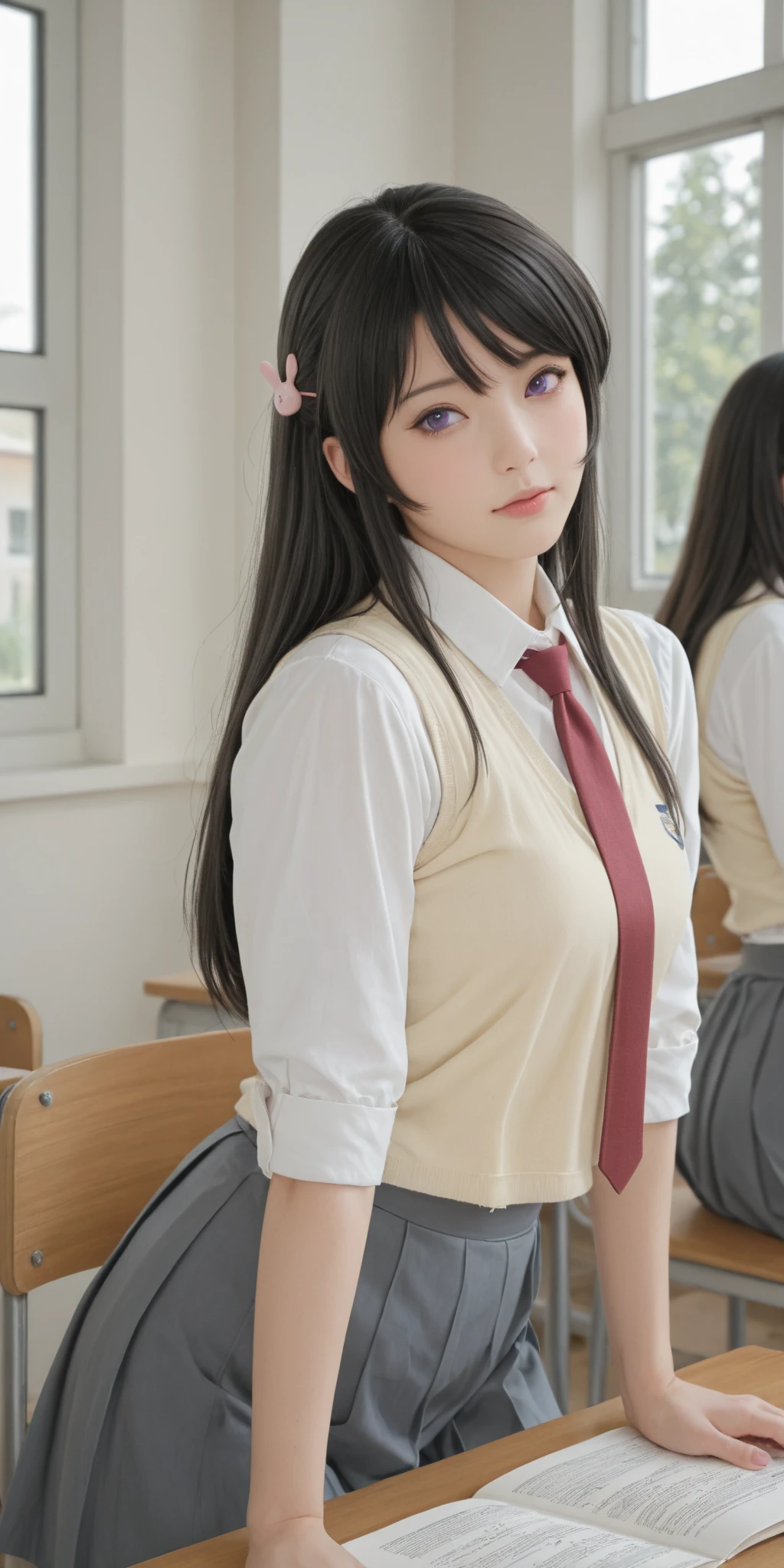 (extremely detailed CG unity 8k wallpaper), (masterpiece), (best quality), (ultra-detailed), (best illustration), (best shadow), (photorealistic:1.4),real human skin, lens flare, shade, backlighting, depth of field, natural lighting, hard focus, film grain, ntsw, 1 girl, 18 yo, solo, skinny, school uniform, pale skin, soft lips, (light eyebrow:1.4), brown eyes, black long straight hair, (big breasts),(collared shirt:1.1), ((bowtie)),pleated skirt,(short hair:1.2),floating hair, school uniform, white shirt, plaid skirt, thighhighs, afternoon, classroom hyperrealistic schoolgirl