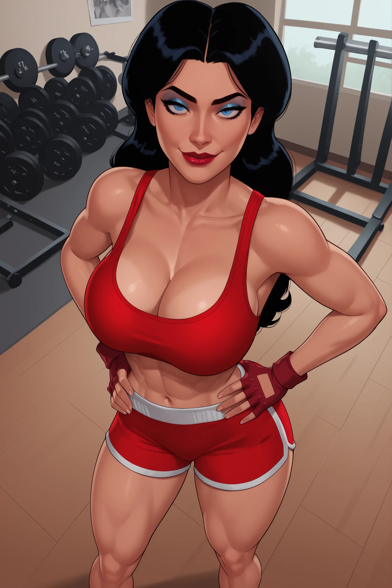 BREAK, score_6_up, score_7_up, score_8_up, score_9, Donna Troy, 1girl, solo, lipstick, makeup, long hair, black hair, blue eyes, looking at viewer, smiling, closed mouth, sultry expression, bedroom eyes, , busty, cleavage, curvy, athletic, red sports bra, red gym shorts, red fingerless gloves, indoors, gym, standing, closeup, portrait, high-angle view, blue eyeshadow, hands on waist
