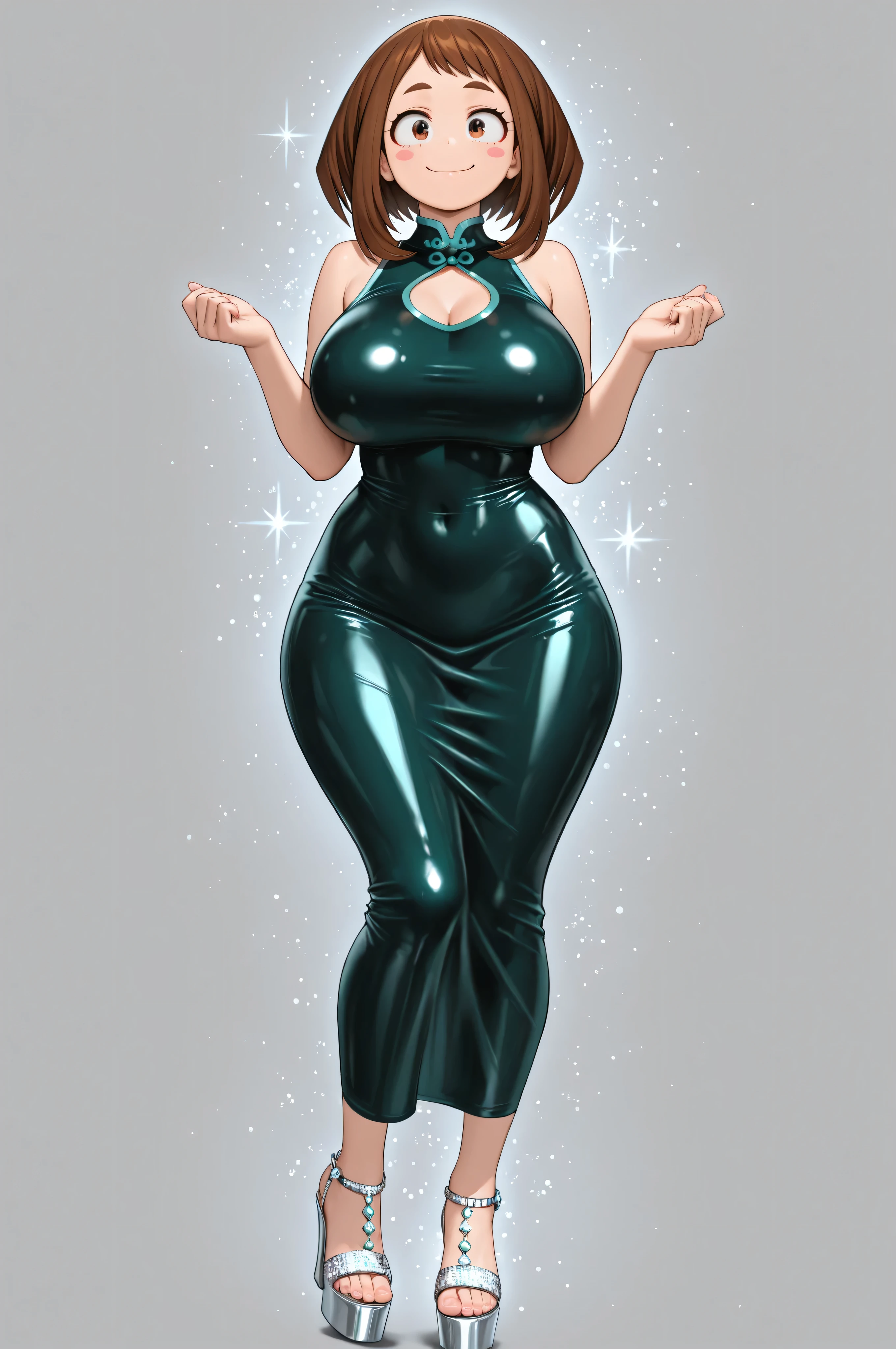 HD, 4k, clear. a girl, uraraka ochako, naughty pose. smile. alone. (gray background), wear a beautiful dark green latex Qipao very tight. sleeveless. Wide drop neckline.. Qipao adorned with silver glitter particles for added glamor. Transparent high-heel sandals with platform. (hyperdetailed face), urarak4, brown hair, short hair, brown eyes, beautiful pink stickers. Photo RAW. 16K. masterpiece. Higher quality. birthday style. anatomía perfecta. manos perfectas. huge breasts:1.5. wide hips.