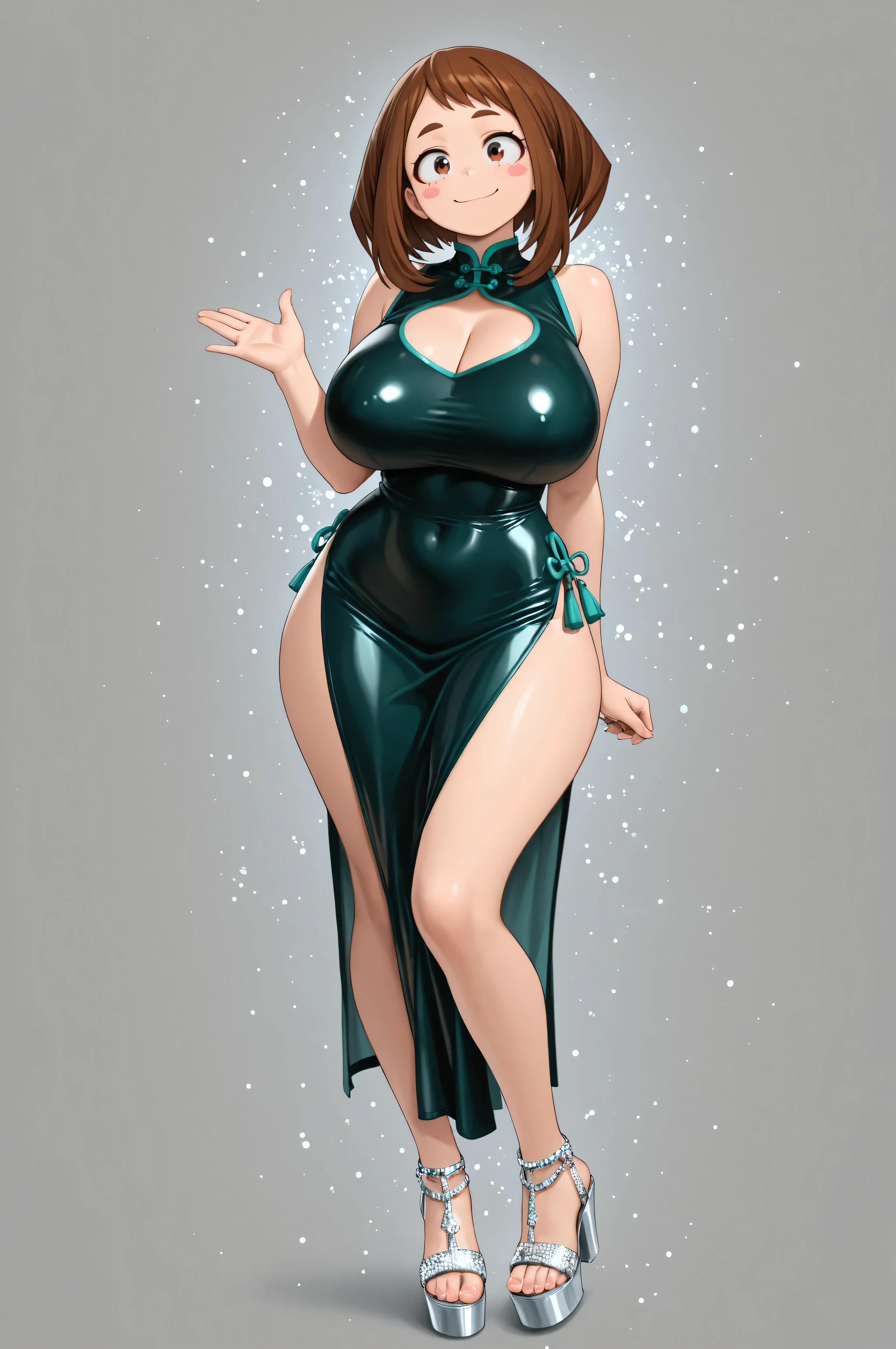 HD, 4k, clear. a girl, uraraka ochako, naughty pose. smile. alone. (gray background), wear a beautiful dark green latex Qipao very tight. sleeveless. Wide drop neckline.. Qipao adorned with silver glitter particles for added glamor. Transparent high-heel sandals with platform. (hyperdetailed face), urarak4, brown hair, short hair, brown eyes, beautiful pink stickers. Photo RAW. 16K. masterpiece. Higher quality. birthday style. anatomía perfecta. manos perfectas. huge breasts:1.5. wide hips.