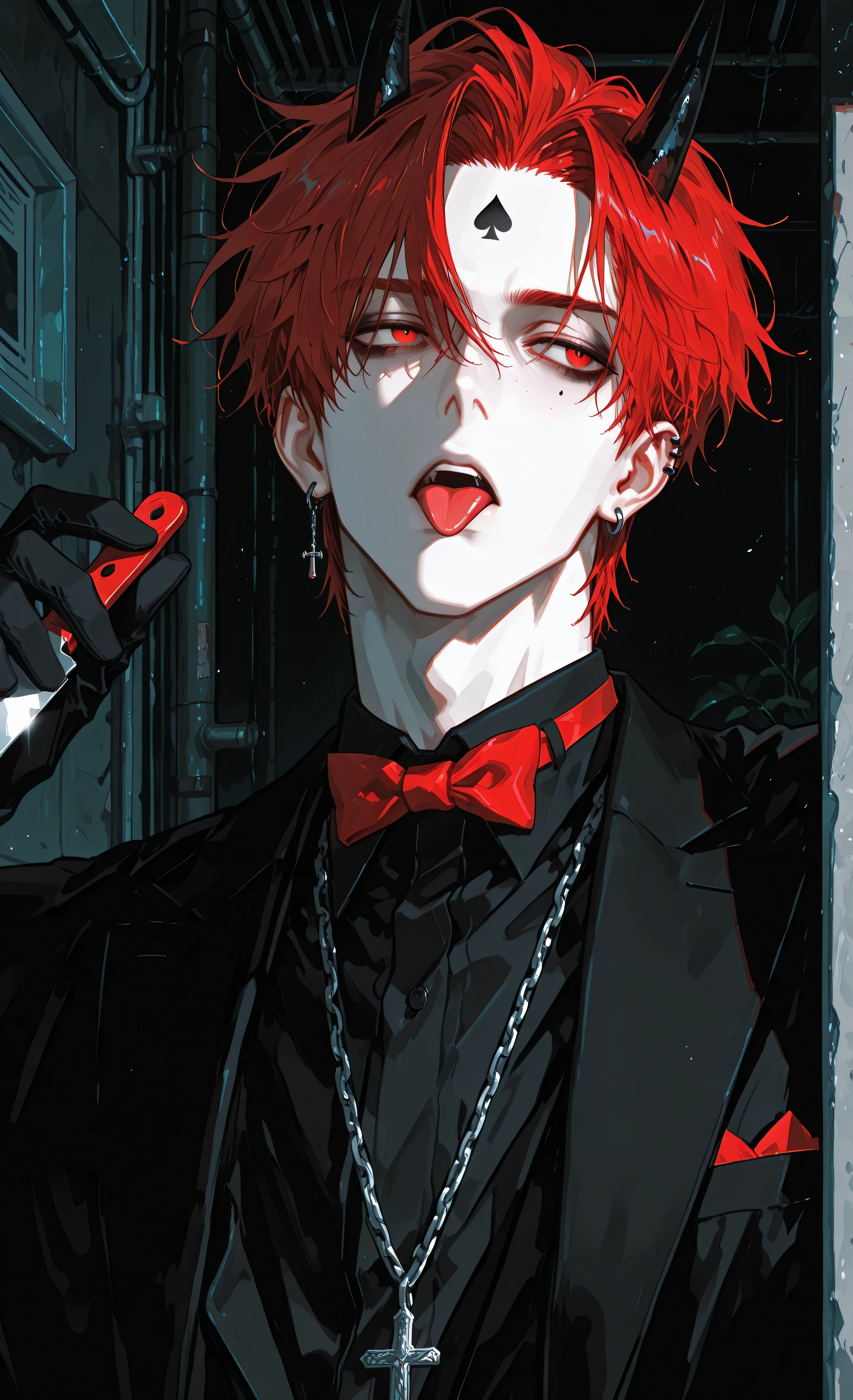 (masterpiece: 1.3, 8k:1.3, Highest quality: 1.3, detail: 1.3, high resolution: 1.3, digital painting, super-detailed) A stylized anime illustration featuring a young male character, approximately in his late teens, with pale skin and striking features. The character has vibrant red hair styled in a somewhat messy, spiky manner. Two black horns curve out from his forehead. Eyes are a stark white, contrasted against dark, heavy eye makeup, with a sinister stare. Нe stuck out his tongue with two studs, protruding, licks the blade of the knife The character is dressed in a black suit jacket with a red collar and lapels. Underneath, a black shirt with a small, red bow tie. He's wearing black gloves and has a silver chain necklace with a cross pendant. An earring an earring in the shape of a dice is visible on his left ear and a face tattoo of In the form of a card suit of spades. The background is a solid black, emphasizing the character. The overall mood is dark, edgy, and slightly demonic, with a focus on bold lines and strong color contrasts. The style evokes elements of manga/anime with a hint of gothic aesthetic.