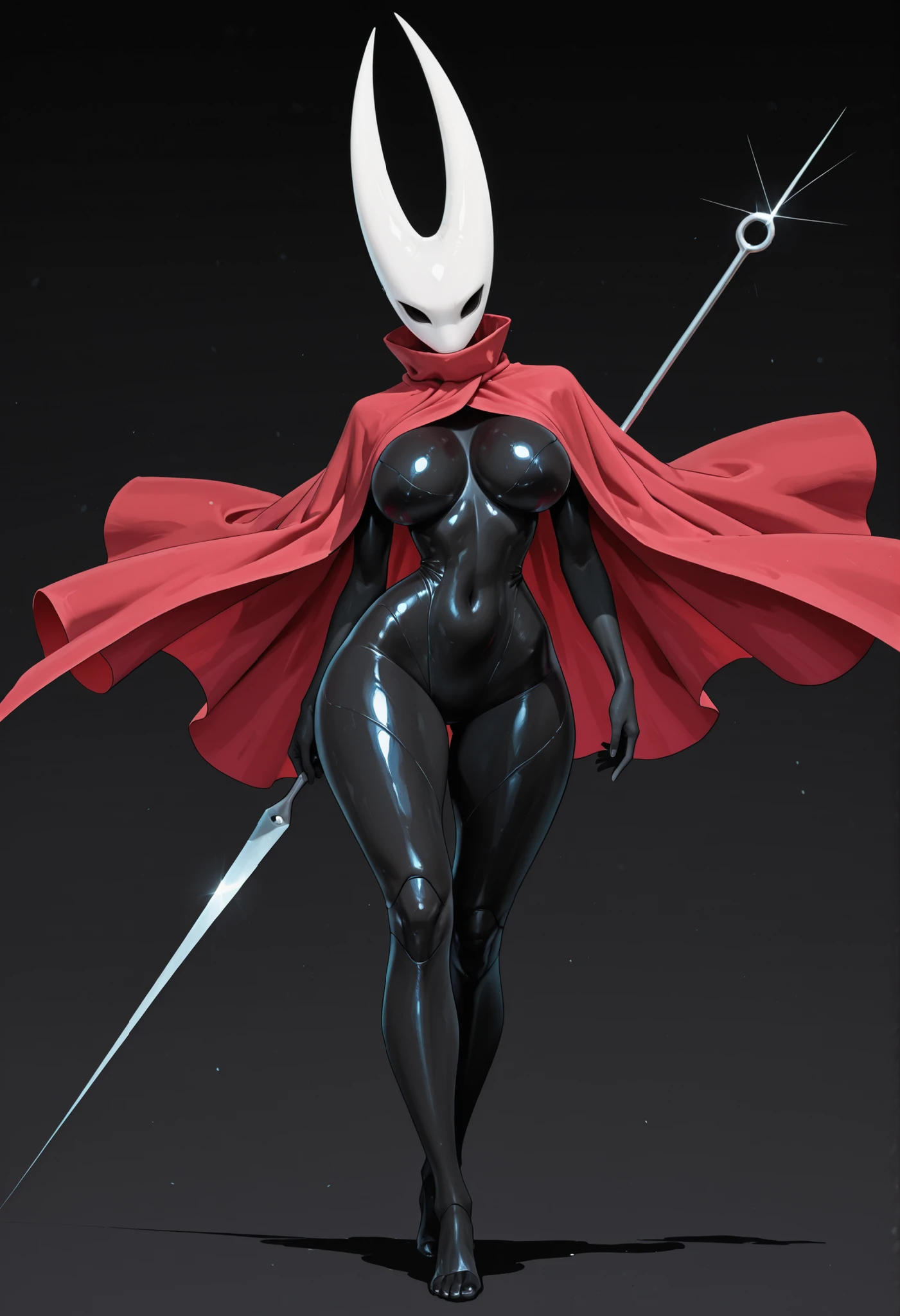 ruanyi0912, H0rn3t-HK, black skin, sunken eyes, white face, masked face, long sharp horns, red cape, sculpted body, large breasts, narrow waist, wide legs, medium height, needle sword, no mouth, colored skin, insectoid, thin female, 1 female, solo, front view, dynamic pose, <lora:f8cf4934-7319-452e-a2a7-948ca1dce646:0.8>