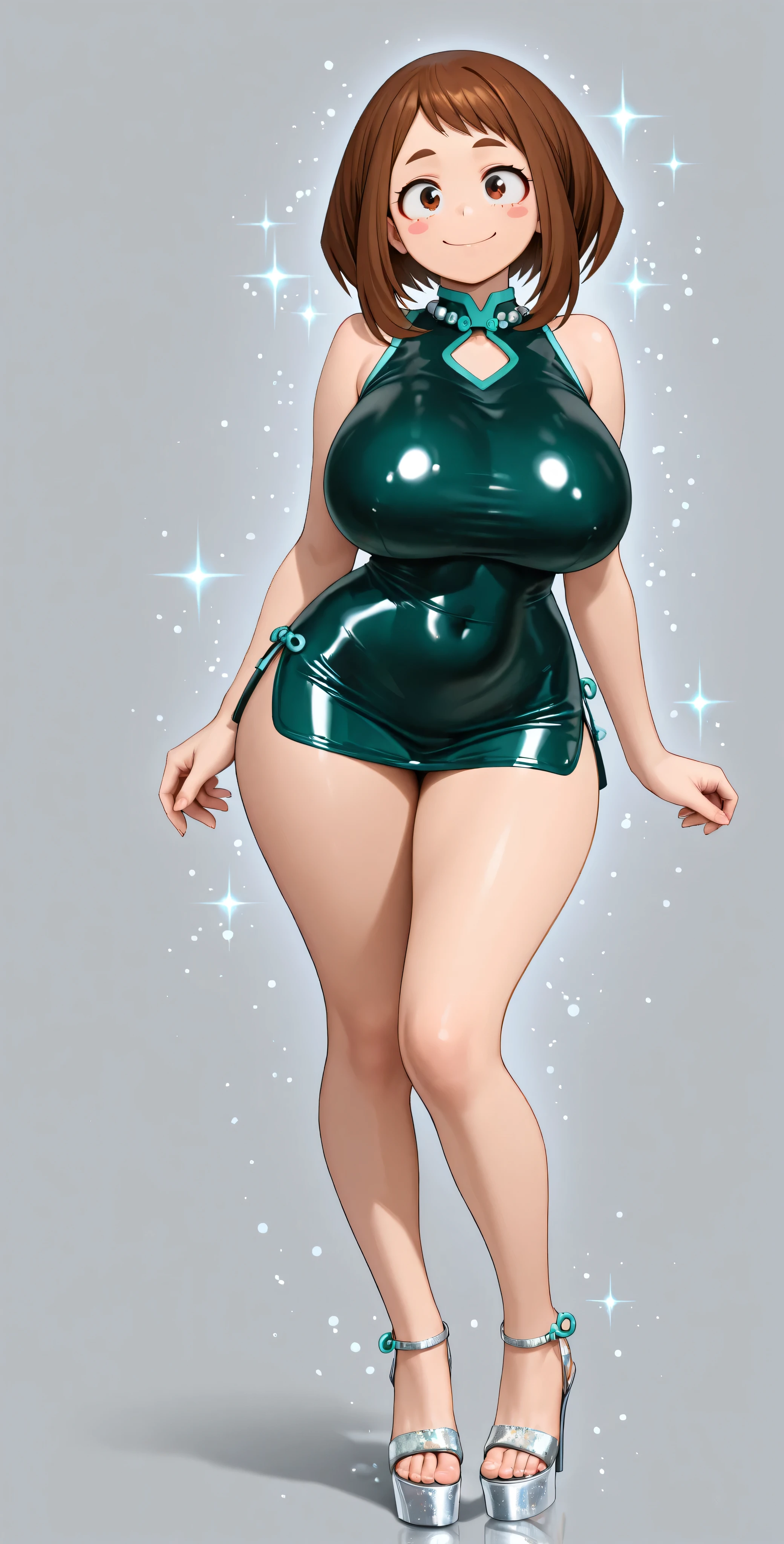 HD, 4k, clear. a girl, uraraka ochako, naughty pose. smile. alone. (gray background), Wear a beautiful Qipao short dark green latex very tight. sleeveless. Wide drop neckline.. Qipao adorned with silver glitter particles for added glamor. Transparent high heel sandals with platform. (hyperdetailed face), urarak4, brown hair, short hair, brown eyes, beautiful pink stickers. Photo RAW. 16K. masterpiece. Higher quality. birthday style. anatomía perfecta. manos perfectas. huge breasts:1.5. wide hips.