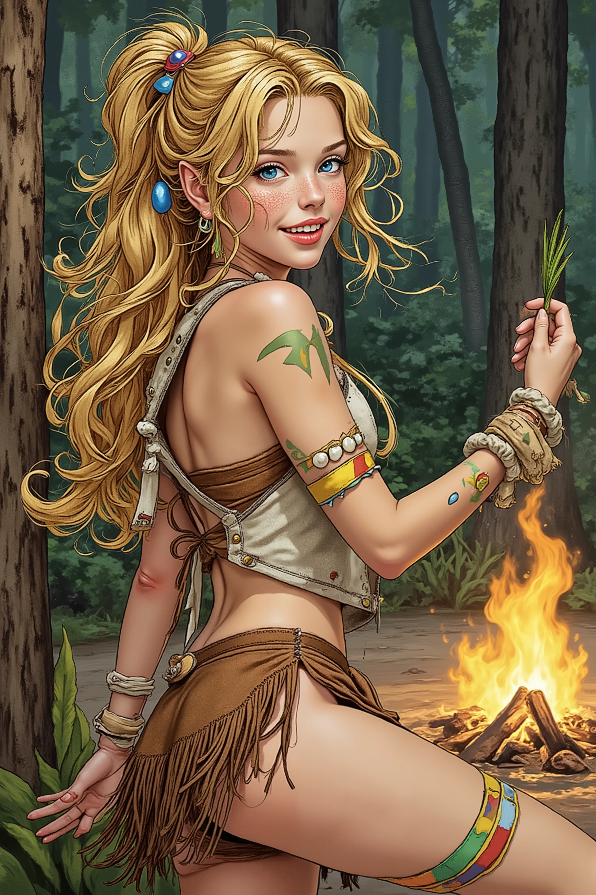 Teen,Teen Girl,itacomic1 illustration,Daria,C4STL3V4NI4,Girl,
💋 : Kaelia – Die Wilde Blume
🌟 : Comicstyle, 4K, Don Lawrence Style, inspiriert von Comics der 80er und Amazonengeschichten, hochdetailliert, klare Linien, lebendige Farben, verschiedene Perspektiven: Rückansicht,
Lichtverhältnisse: Dämmerung
🌌 : Dichter Wald mit flackerndem Lagerfeuer, frische Luft mit Duft von Erde und Kräutern,
Hintergründ: Waldlichtung,
Tageszeiten: Abend,
😈 : Junge Frau mit sommersprossigem, gebräuntem Gesicht, hellblaue, wache Augen, wilde honigfarbene Mähne zu einem hohen Pferdeschwanz gebunden, einige Strähnen wehen im Wind, schlanke, sehnige Statur mit agiler Grazie, konsistente Gesichtszüge und Körperproportionen
🔥 : Kleidung: Hautenges Trägeroberteil aus gegerbtem Leder, ausgefranster Lederrock bis mid-thigh, barfuß mit narbenbedeckten Füßen, leichte primitive Wildlederweste mit Flusssteinen und Holzperlen, Schmuck aus Federn, Fischknochen, geflochtenen Gräsern und Eberzähnen, bemalt mit wilden Streifen aus farbiger Erde auf Armen und Gesicht
Posen: Lehnt an einem Baum, wippt auf den Fußballen, spielt mit einem Grashalm
Gesichtsausdrücke: Freude und Lachen (breites Lächeln, Zähne sichtbar, Augen leuchtend)
Details: Fokus auf Texturen (Leder, Narben, Schmuck), konsistente Hauttöne, Sommersprossen, Augenfarbe, Haarsträhnen