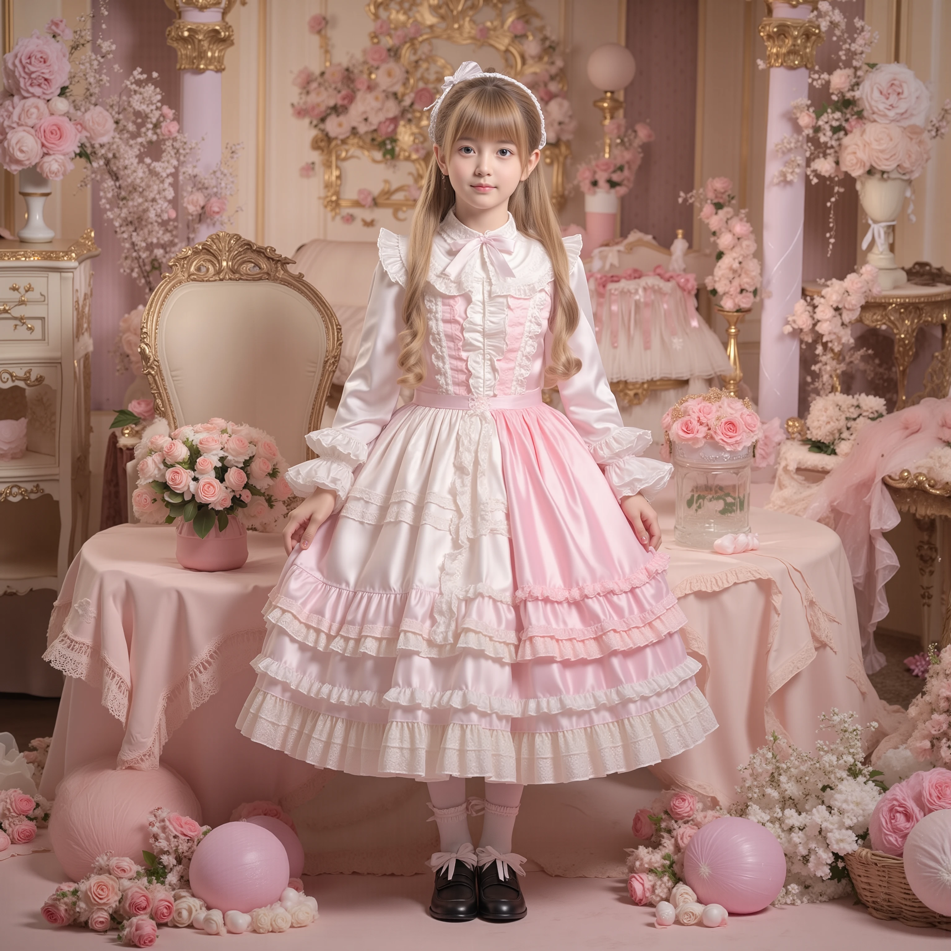 (( Distant Scenery,realistic,full body,standing:1.2)),Highest Quality, masterpiece, highest resolution, super それにget used to it, many get used to it, get used to it, それにget used to it, 3 photos ,,,. ((10 year old European girl,blonde long hair,blue eyes:1.0)),Get used to a super thin young face,lovely smile,baby-like face,ultra high resolution, complicated details, Back hair tied with a ribbon,smile,pastel-colored silk satin dress cutely adorned with ruffles and ribbons, (round large ruffle collar,bow tie,long sleeve, ruffle sleeve ,White Ruffle Blouse,Ruffle placket, ruffles are cute ,frill skirt,Very Elaborate Costume:1.3),(medium skirt,short balloon skirt)),long black socks with ruffles,black loafers,small breasts,detailed background,